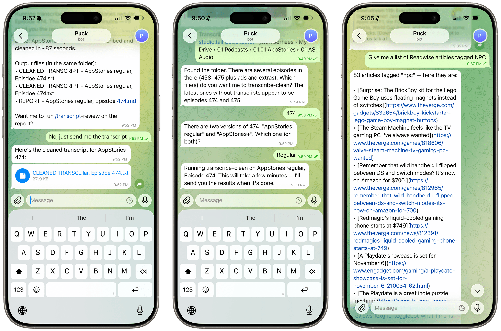 Transcribing podcast audio and retrieving saved articles from Readwise via Telegram.