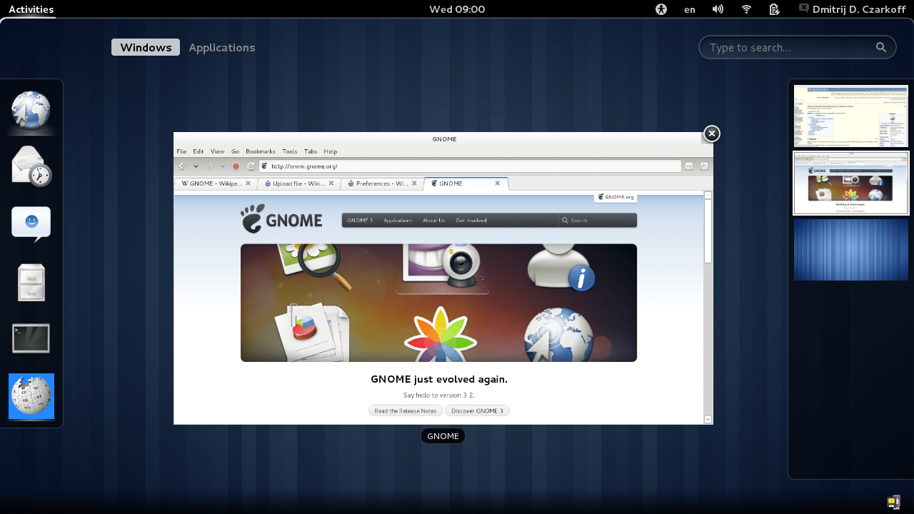 GNOME's 'Activities' view, released in 2011, allowed you to see an overview of all your open windows and virtual desktops. It also acted as a full-blown app launcher. Source: [Wikimedia Commons](https://commons.wikimedia.org/wiki/File:Gnome_3.2_shell.png)