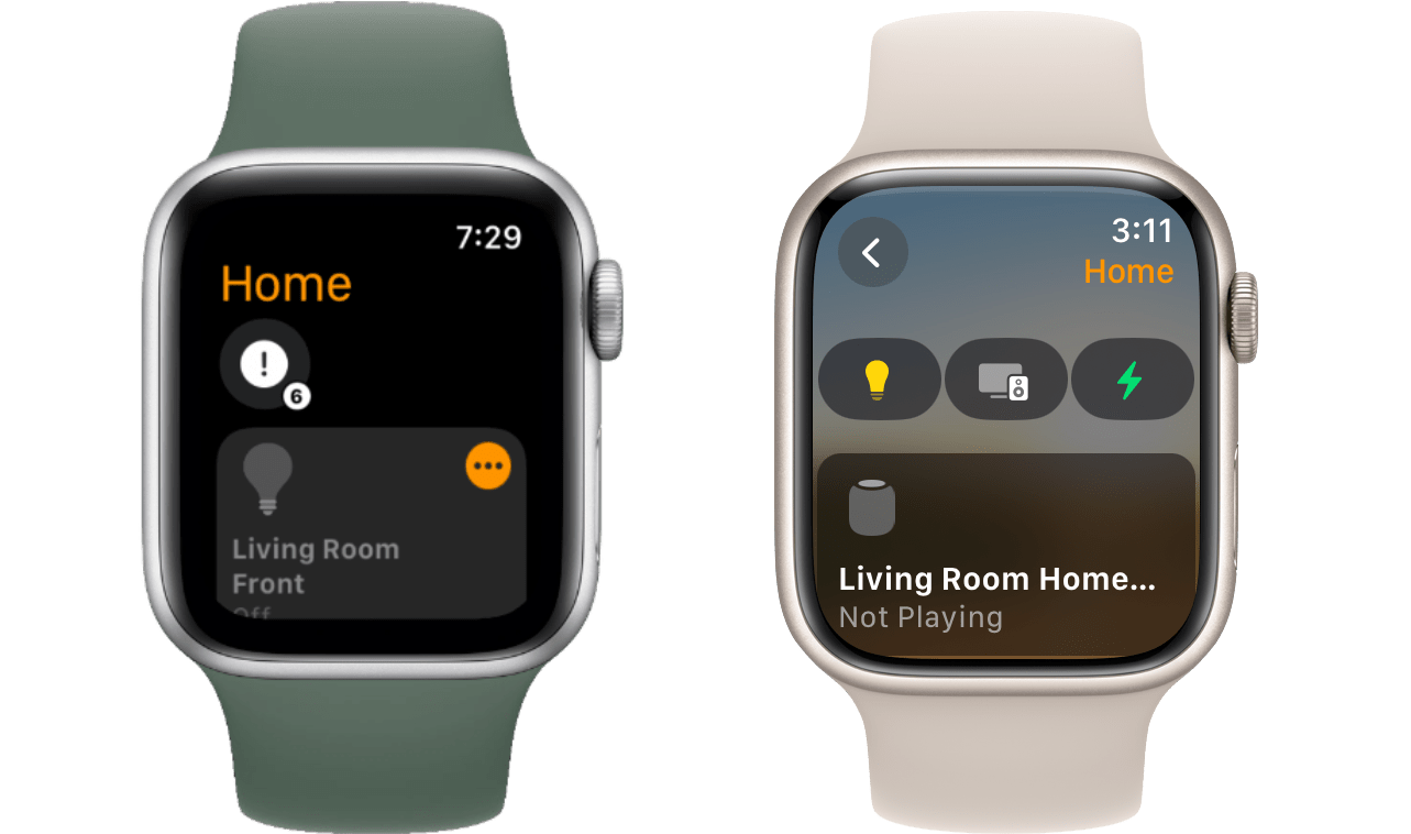 The Home app in watchOS 9 (left) and watchOS 10 (right).