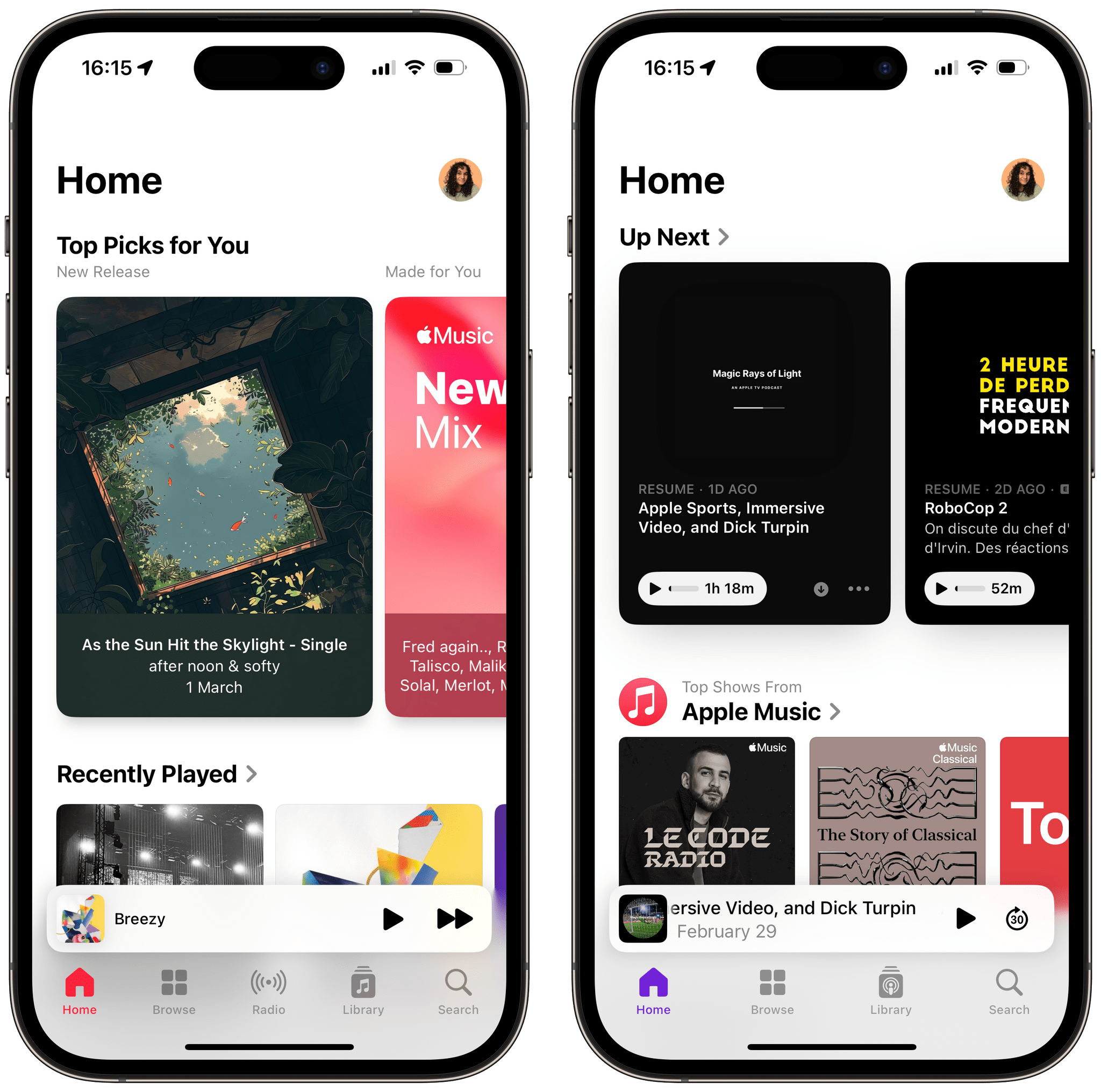 The Podcasts app's bottom toolbar now also features the floating player design previously only found in the Music app.