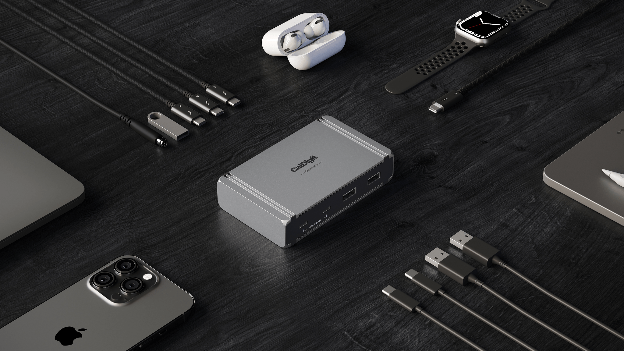 Here's a glamor shot of the Elements E5 Hub from CalDigit because in reality, hubs with cables coming out of every side look messy.