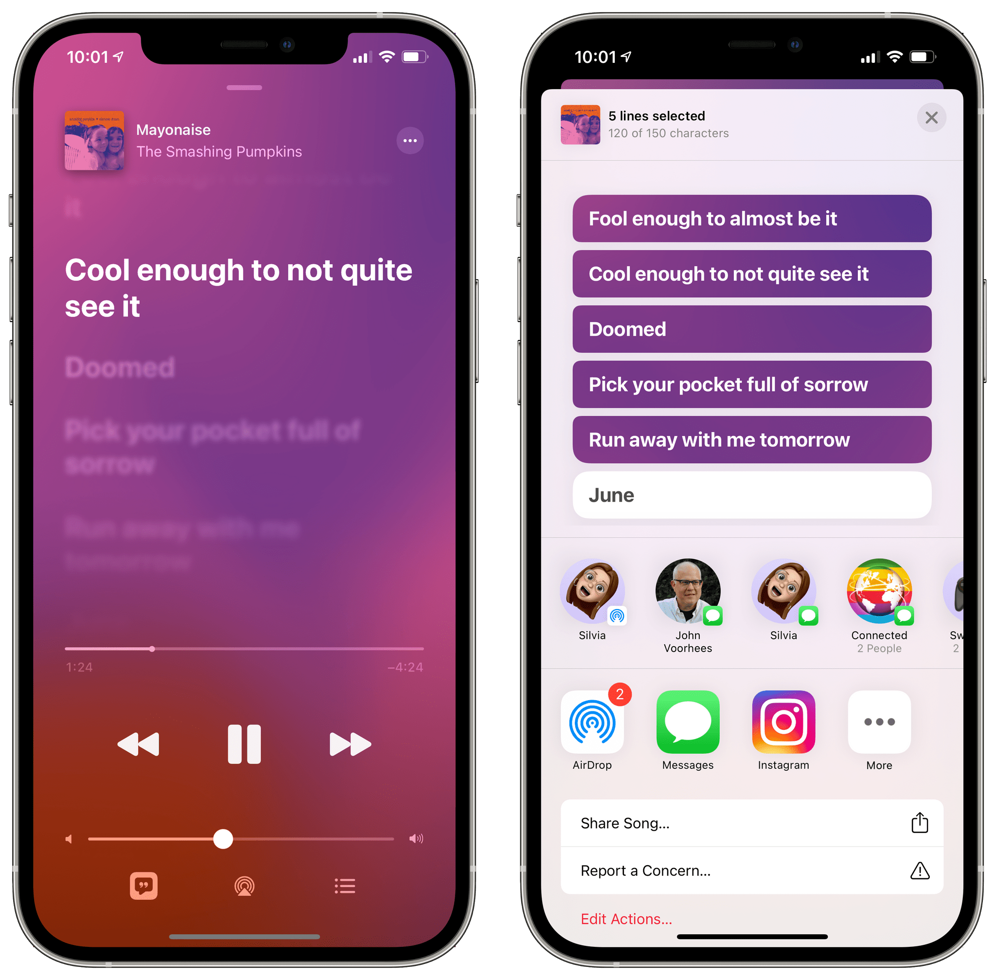 Tap and hold real-time lyrics in iOS 14.5 to share them.