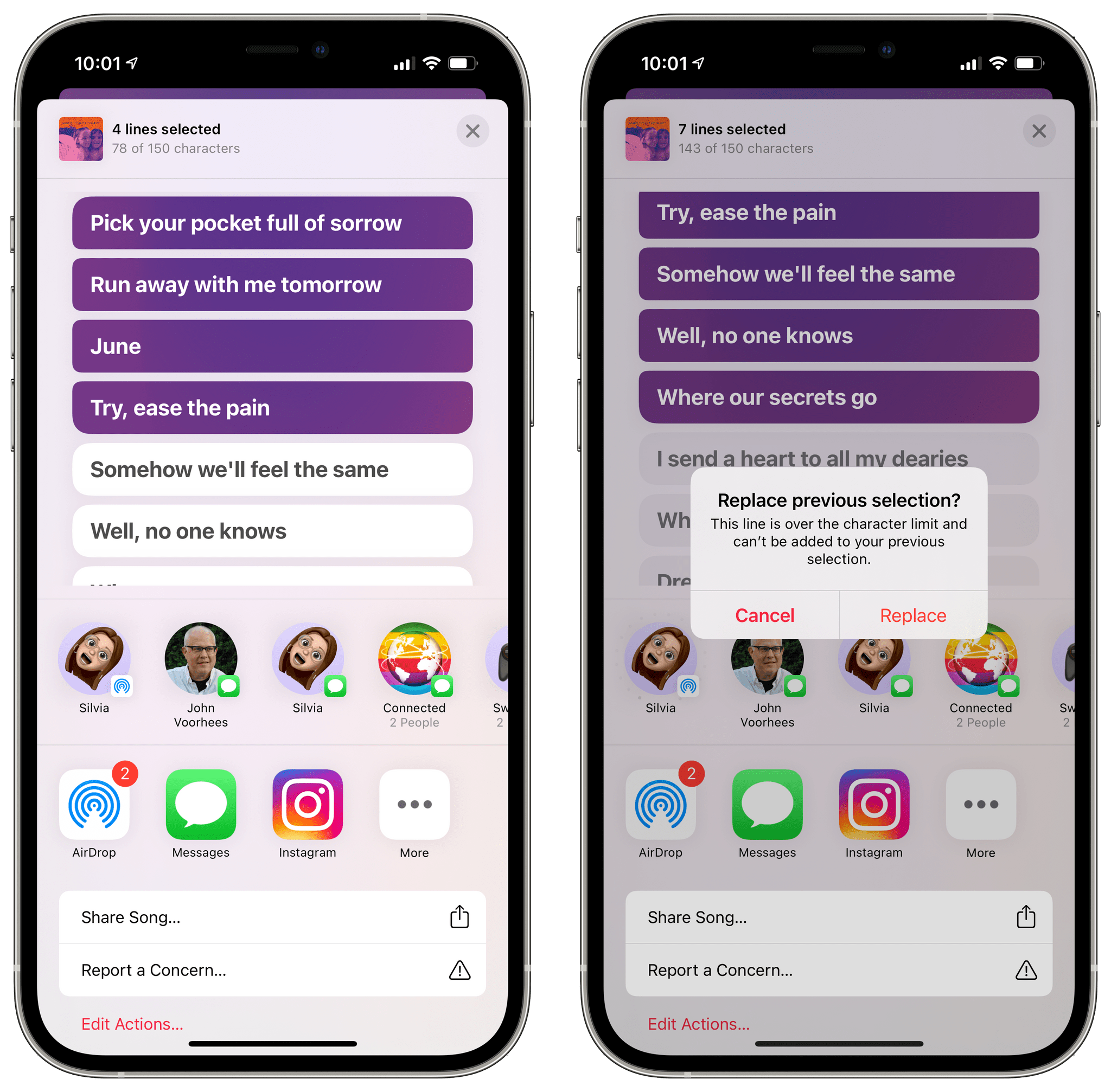 You can also scroll lyrics in the share sheet, select more, and update your selection inline.