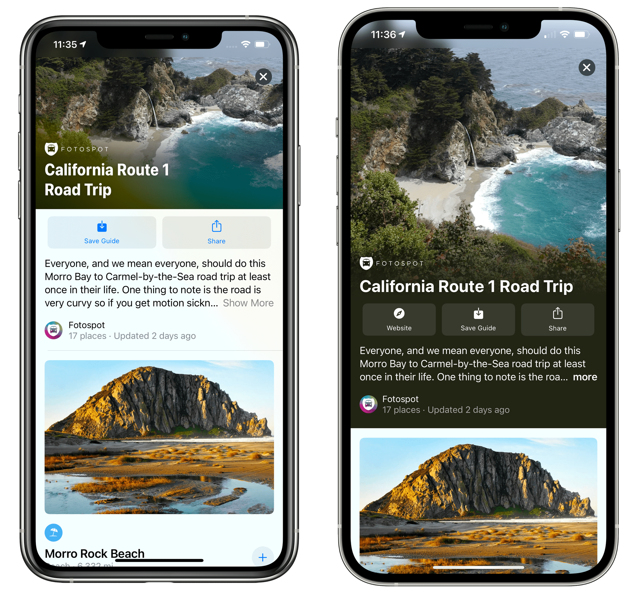 The redesigned guides for Maps in iOS 14.5 (right).