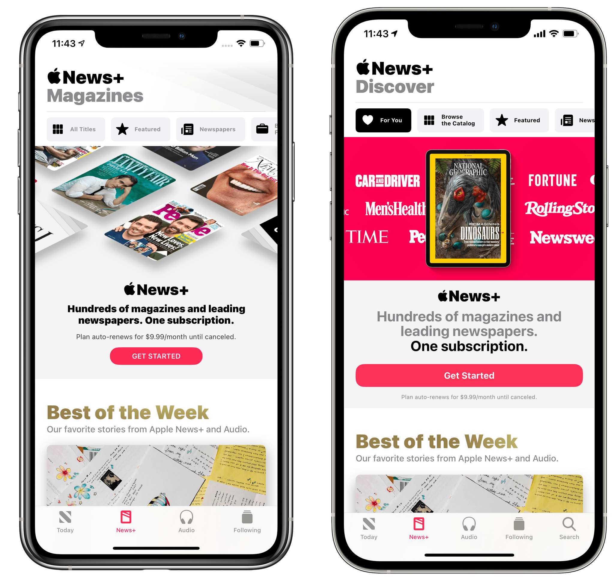 Apple News in iOS 14.5 (right) features a tweaked News+ page along with a dedicated Search tab.