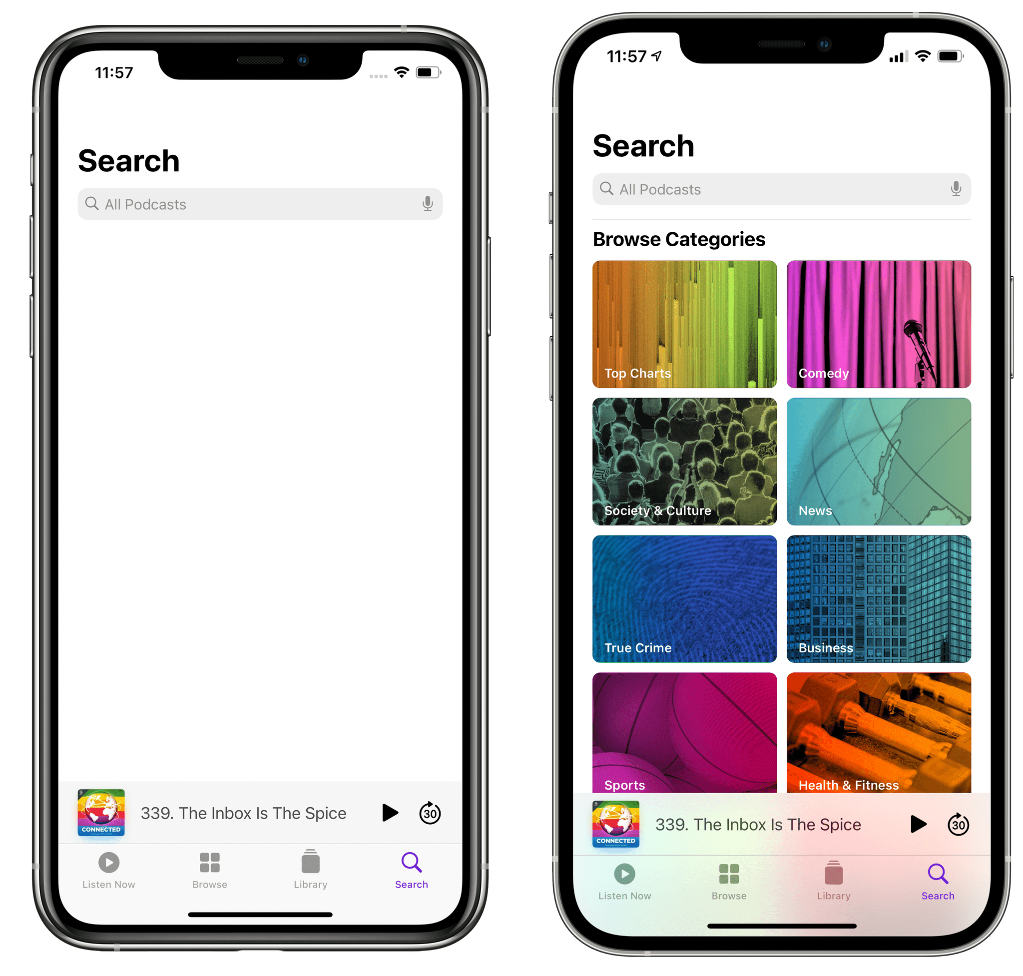 Tell me you're feeling the pressure from Spotify without telling me you're feeling the pressure from Spotify. (Pictured left: iOS 14.4's old search page in Podcasts.)