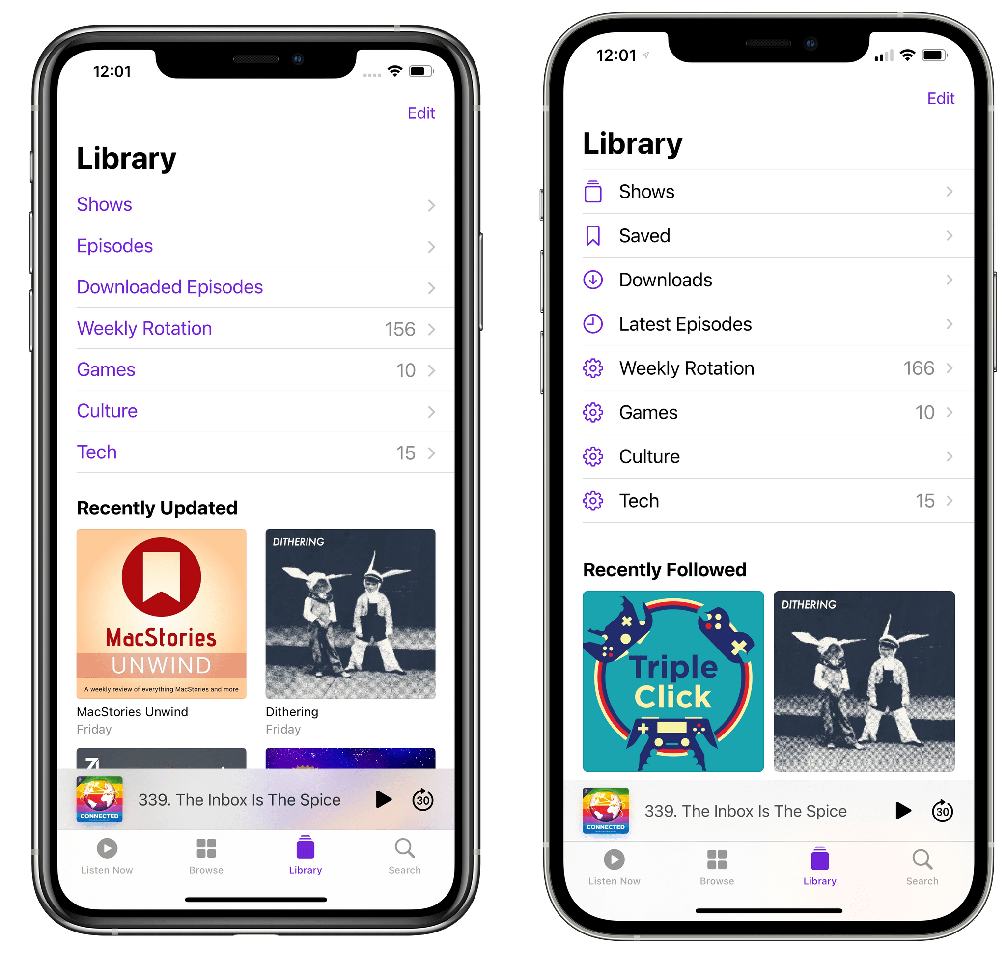 The updated Library page in Podcasts (right).