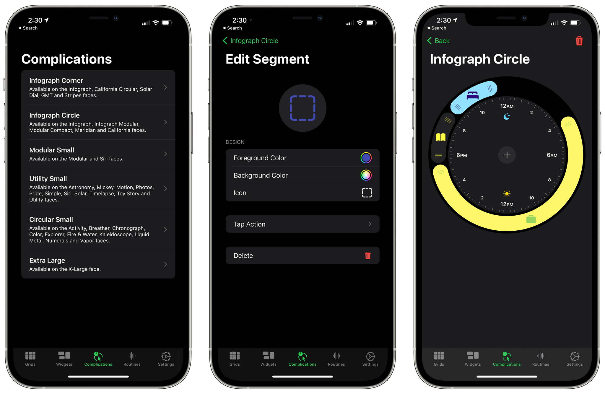 The updated complication editor UI.