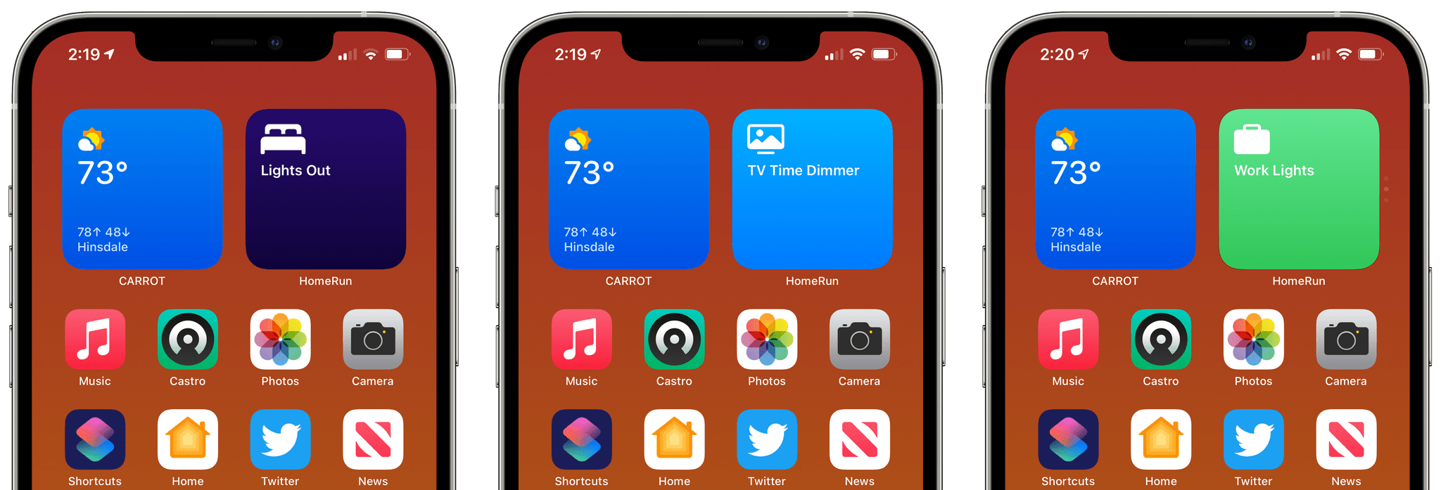 I'm using three small HomeRun widgets in a stack in the top right corner of my first Home Screen.