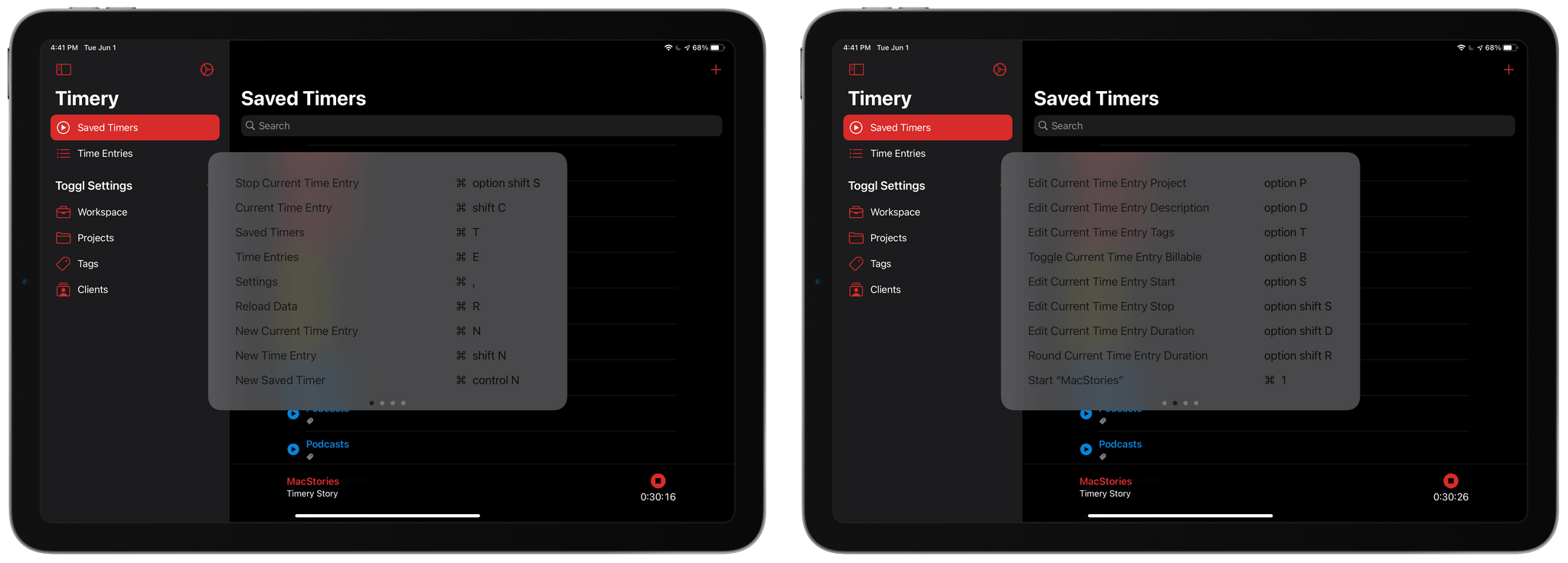 Two of my four pages of Timery keyboard shortcuts.