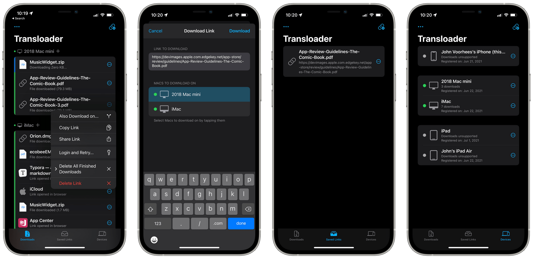 Transloader's transfer history, setting up a download, a saved link, and the devices I've registered with the app.