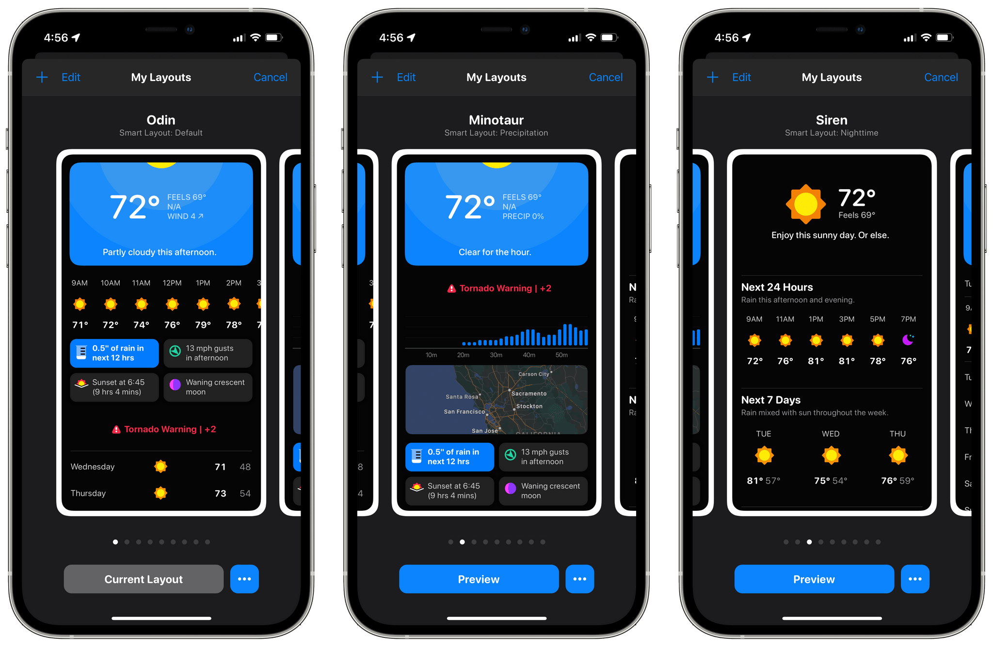 My default, rain, and nighttime layouts.