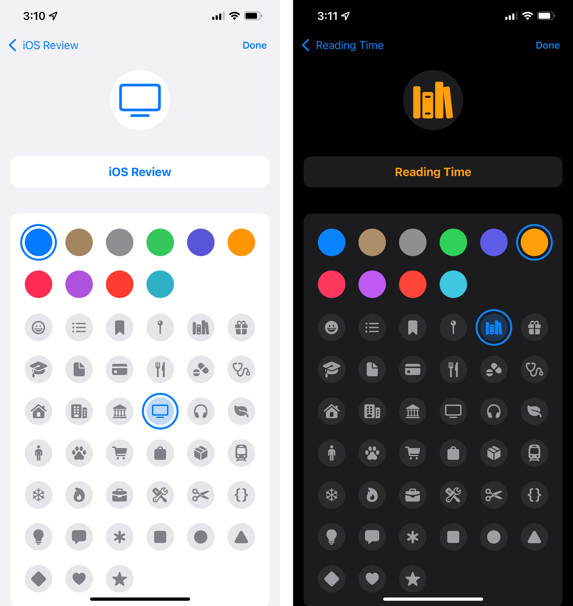 Custom colors and icons for Focus modes.