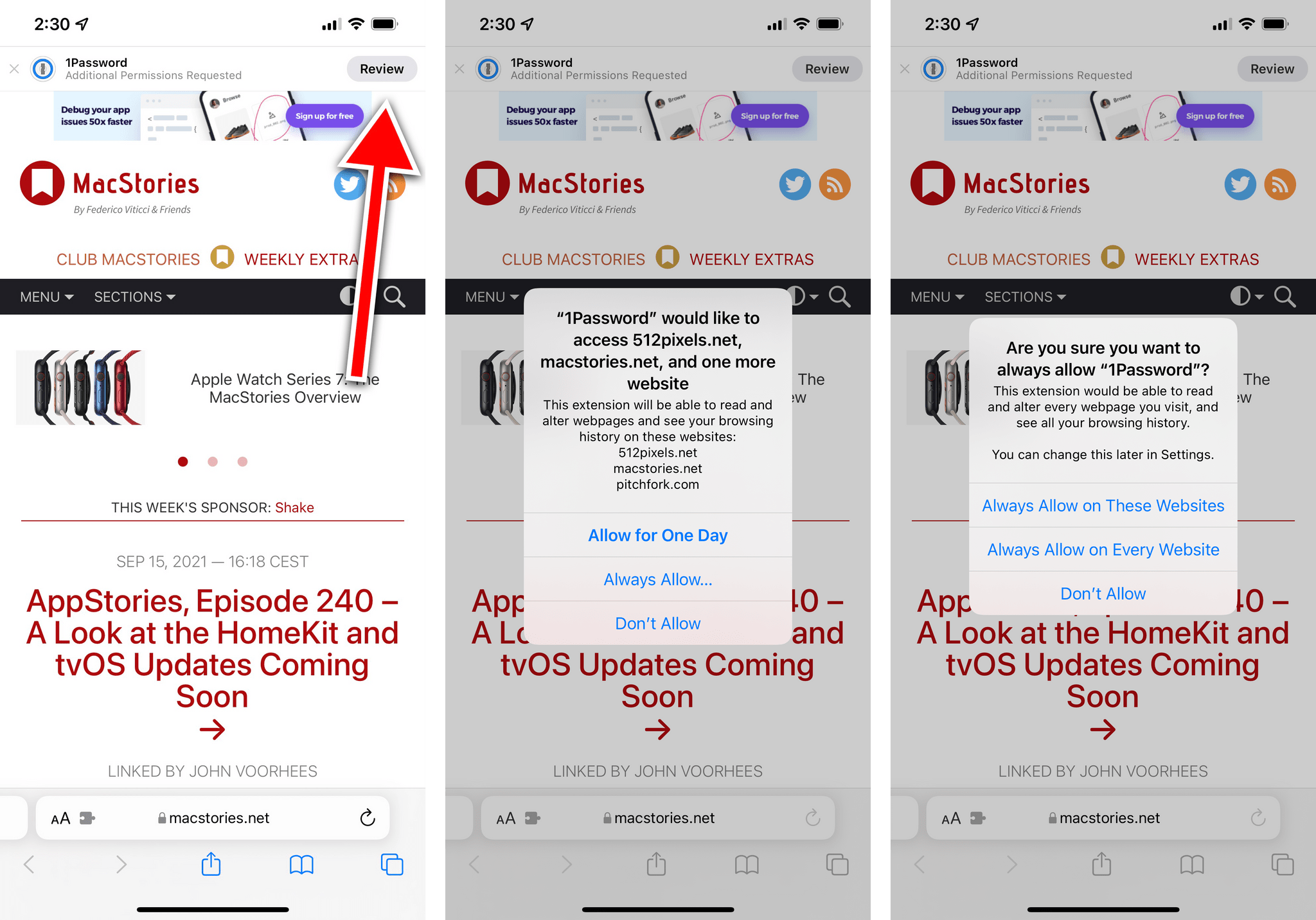 A typical permission flow for an extension running on iPhone.