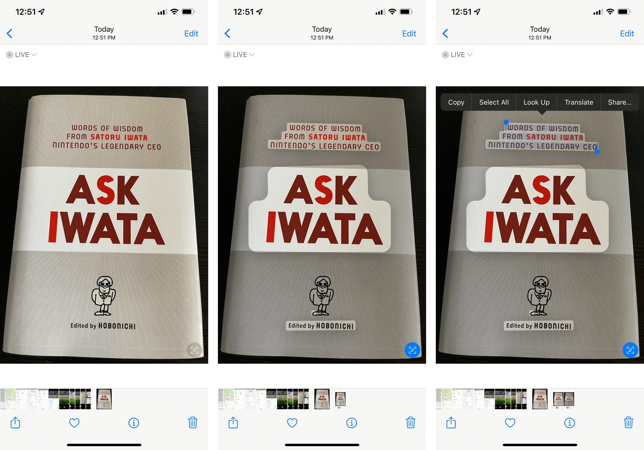 In Photos, you can highlight text found in images and perform the same actions supported in the Camera app.
