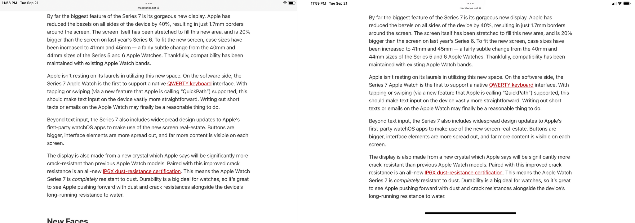 On the old iPad mini (left) you see slightly more text on the page when in landscape mode, but not much.