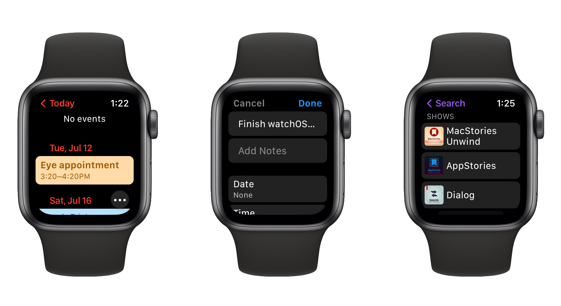 From left: the new Calendar, Reminders, and Podcasts apps in watchOS 9.