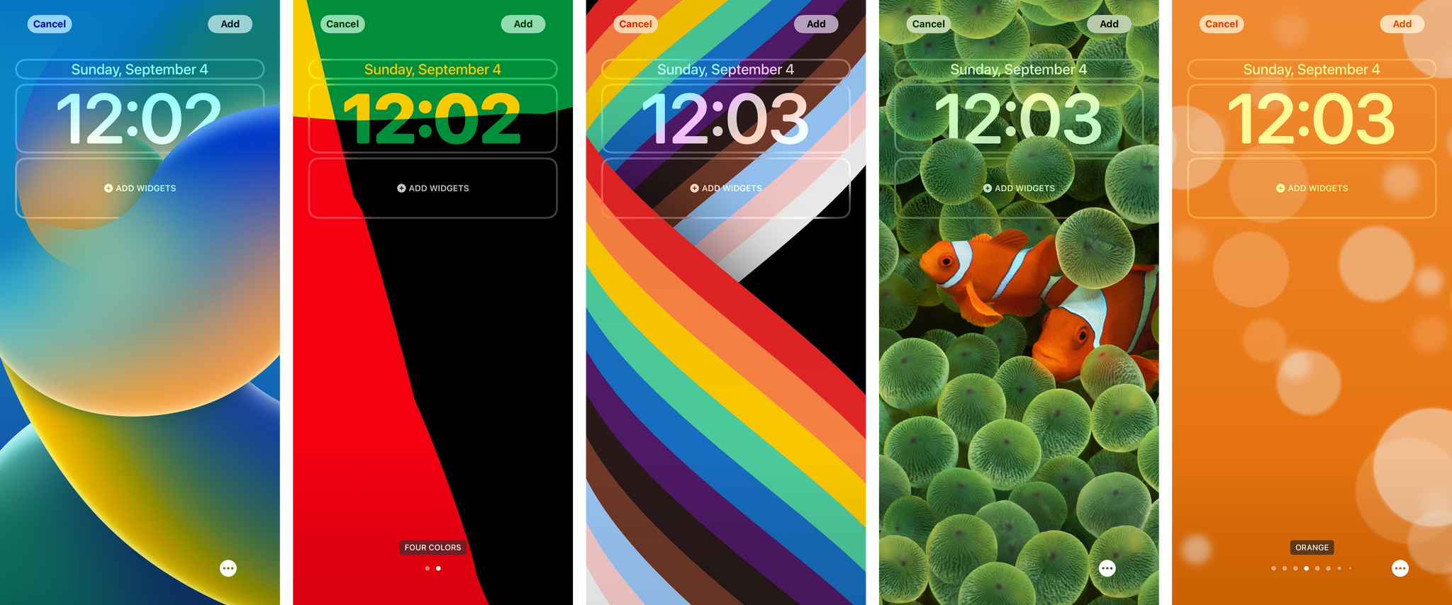From left to right: iOS 16's default wallpaper; Unity; Pride, Clownfish; Bubble.