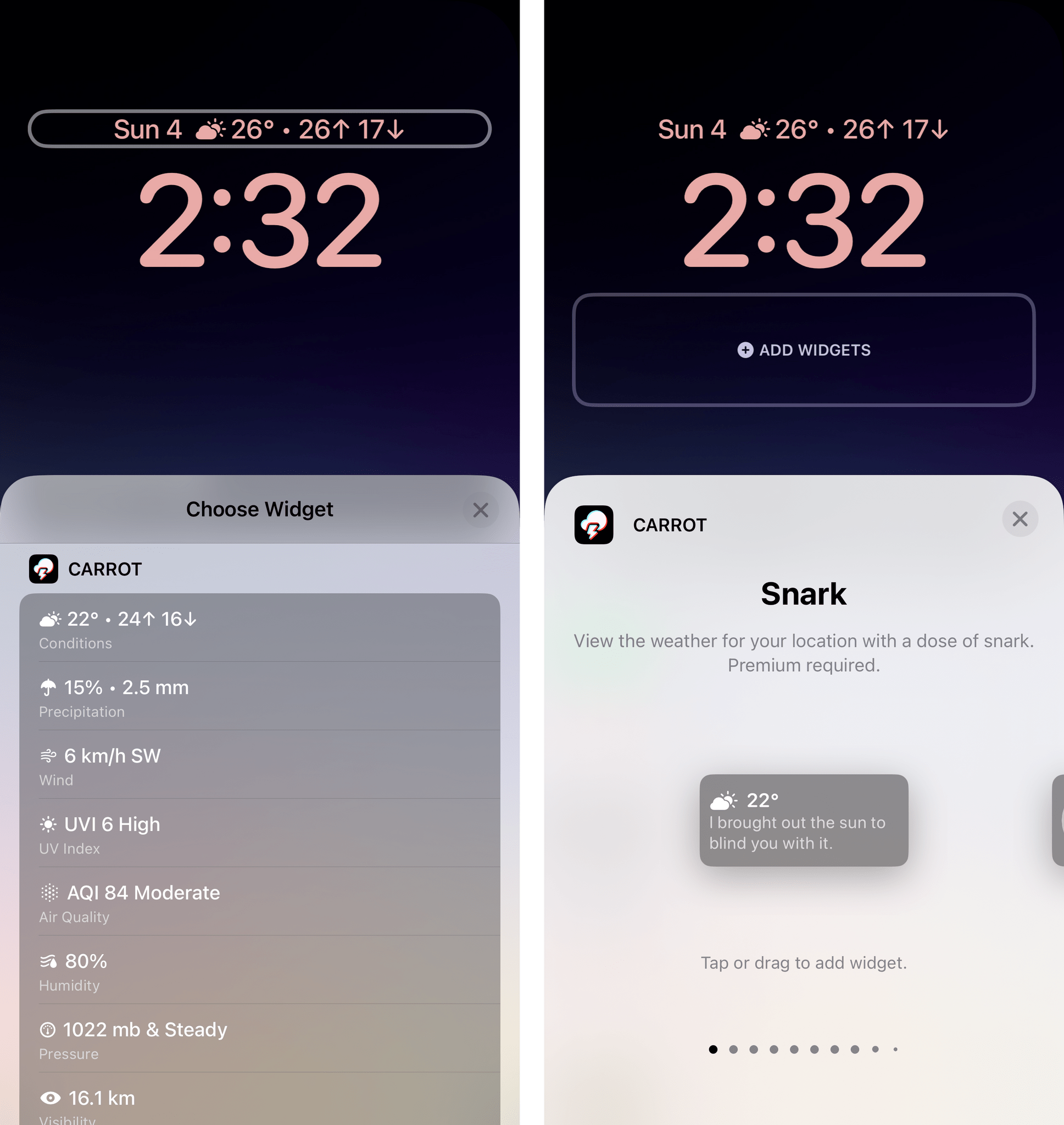 CARROT Weather has one of the richest Lock Screen integrations I've seen to date.
