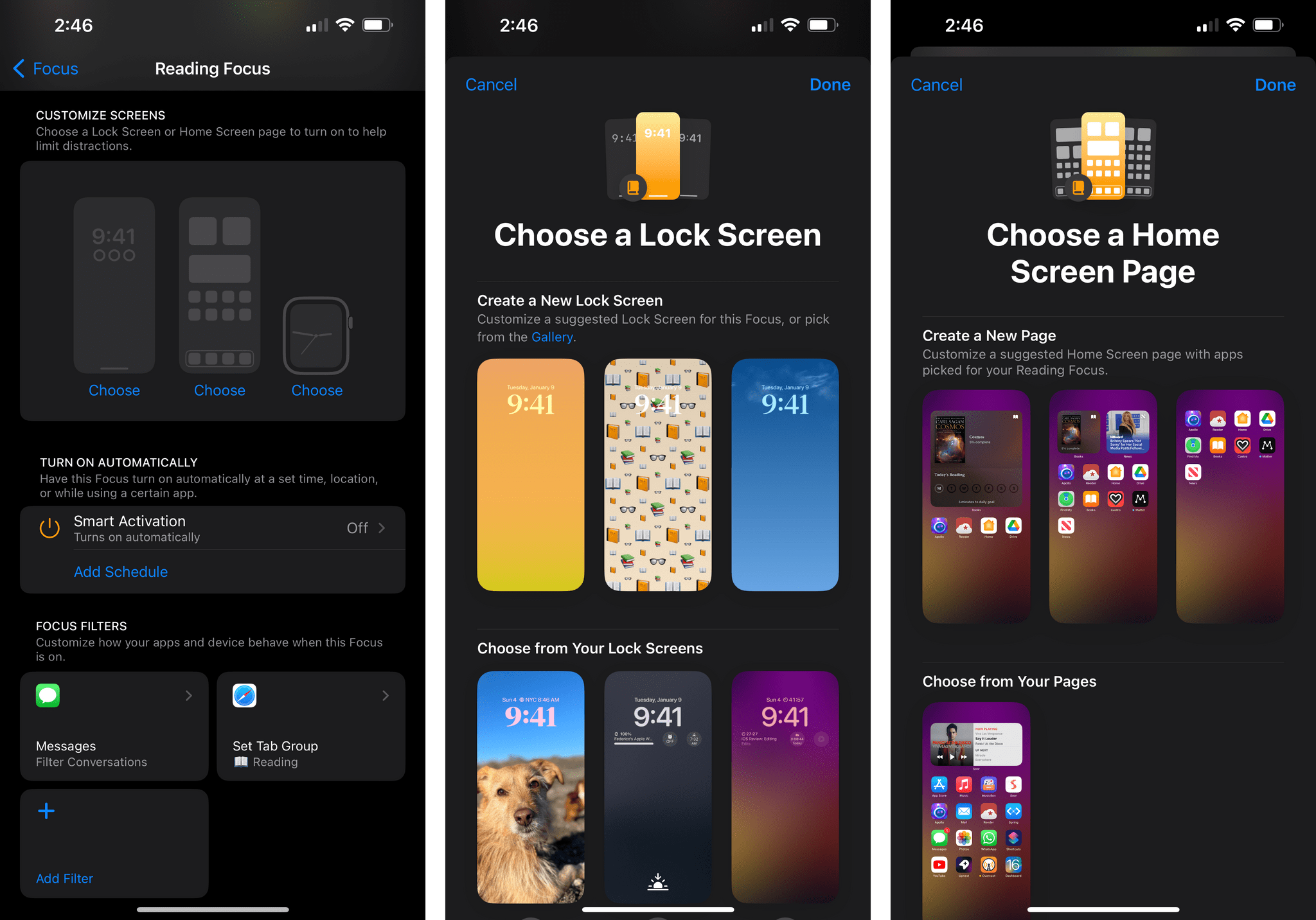 Suggested Lock and Home Screen pages for a Reading Focus. Pay attention to the suggested emoji for the wallpaper and apps on the Home Screen.