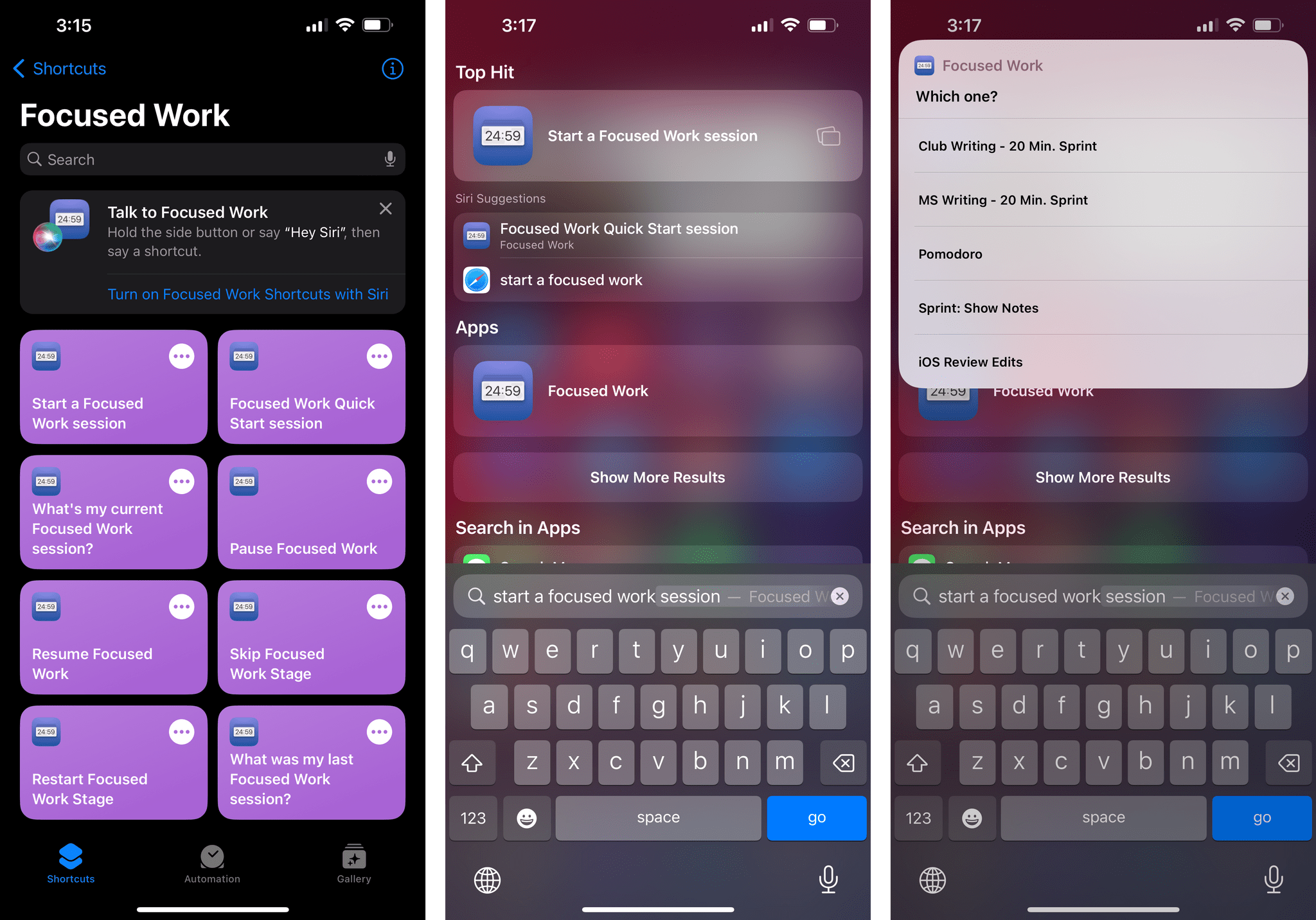 App Shortcuts for Focused Work can also be used from Siri and Spotlight in addition to the Shortcuts app.