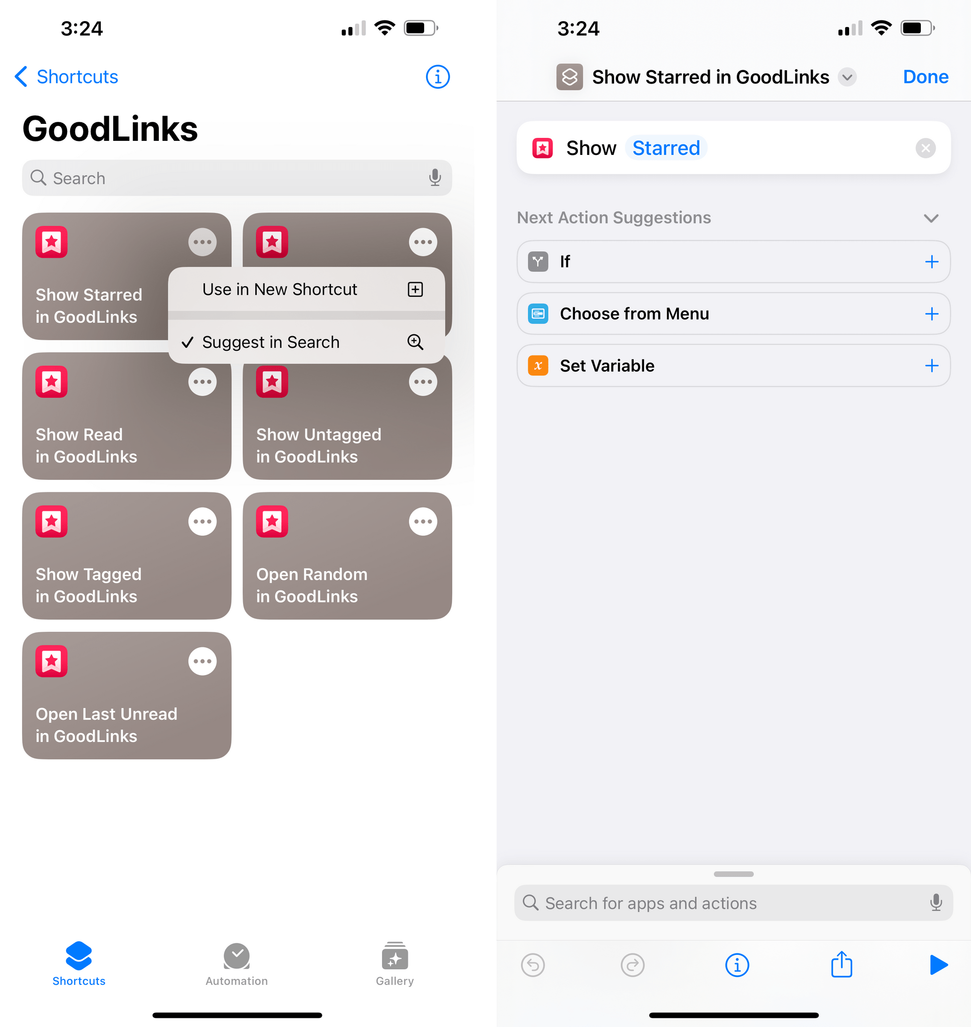 Using an App Shortcut as the starting point for a custom shortcut.