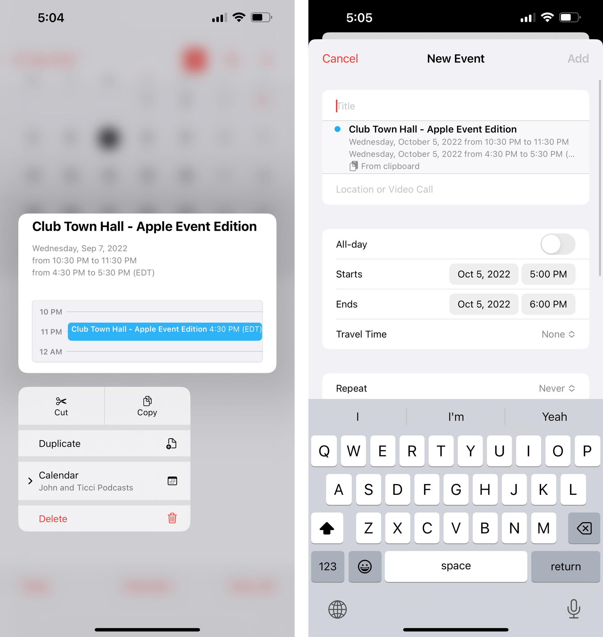 Copying and pasting events in iOS 16.
