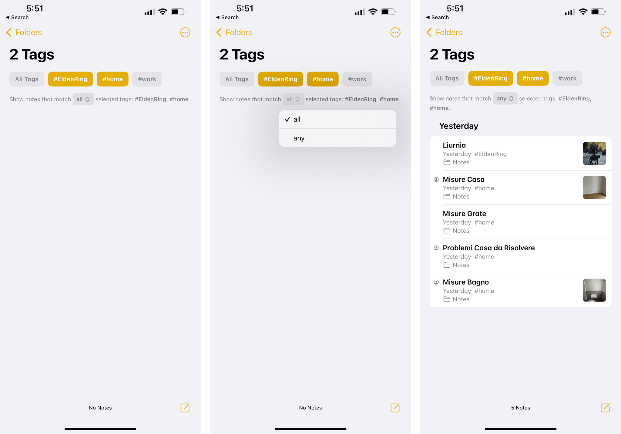 Filtering tags in the dedicated section of the Notes app.