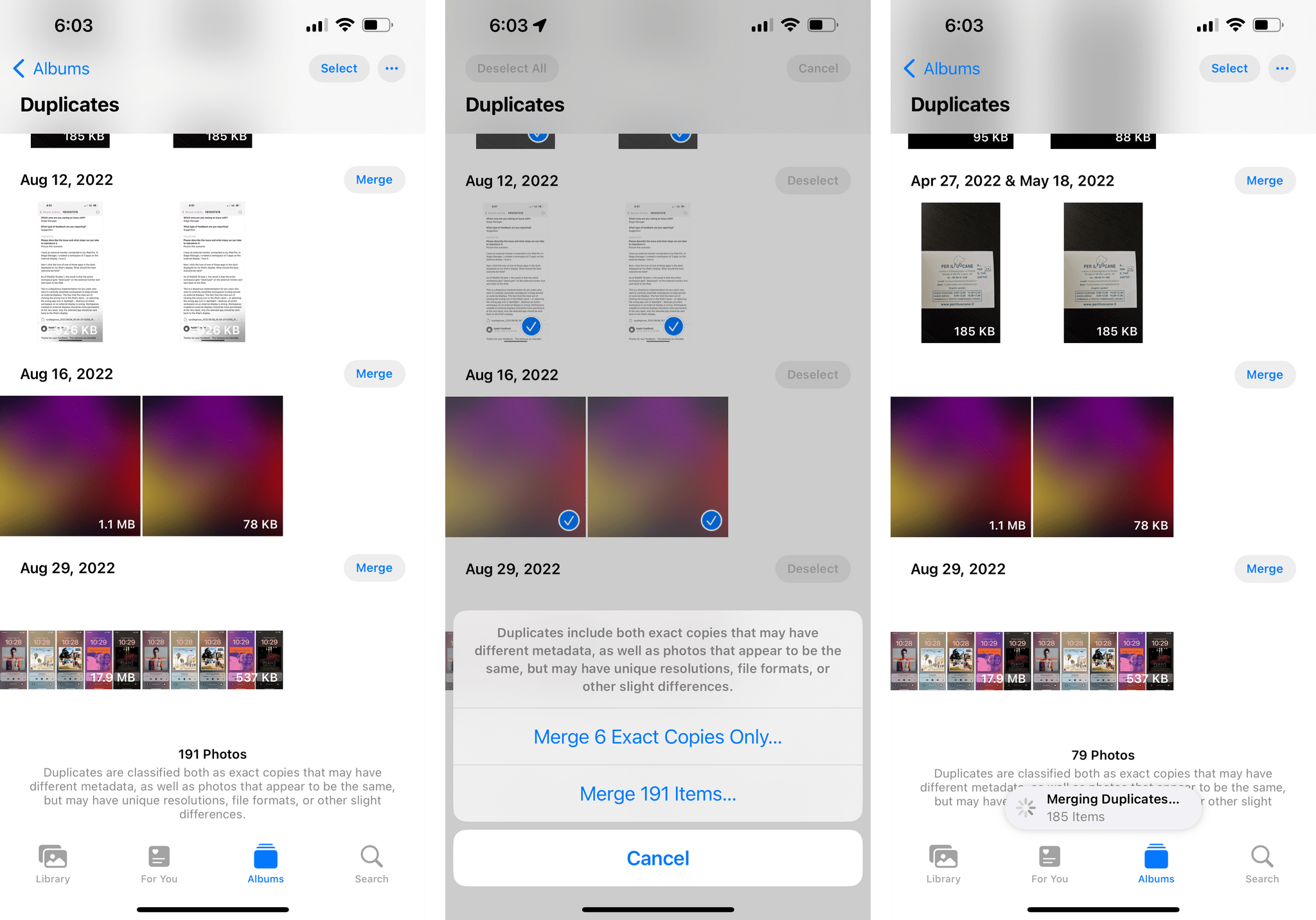 Merging duplicates in the Photos app.