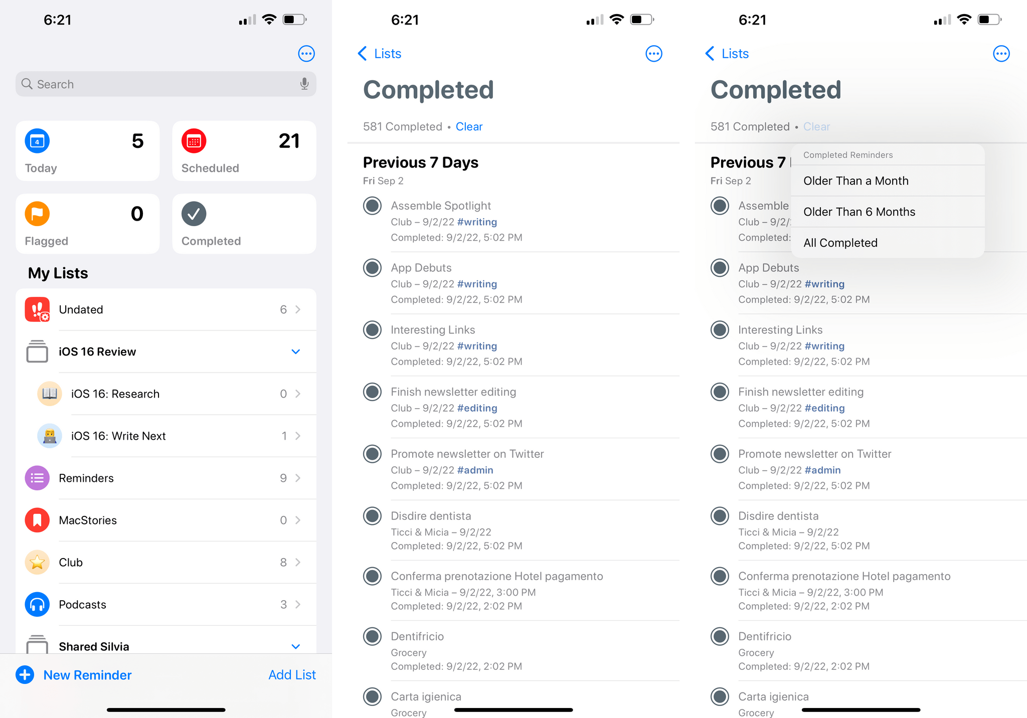 The new Completed smart list and options for clearing completed reminders.