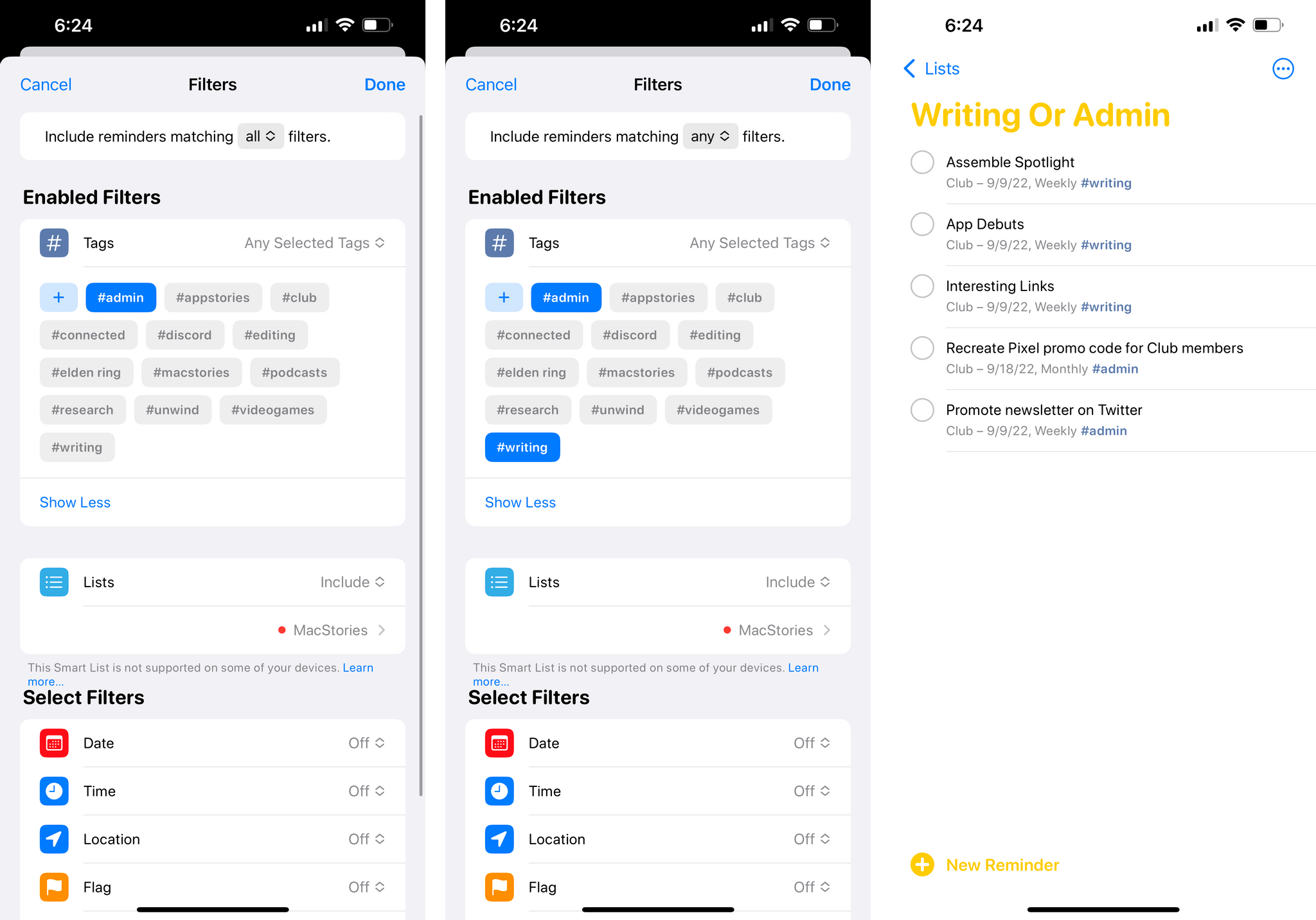 The new filters for smart lists in iOS 16's Reminders app.