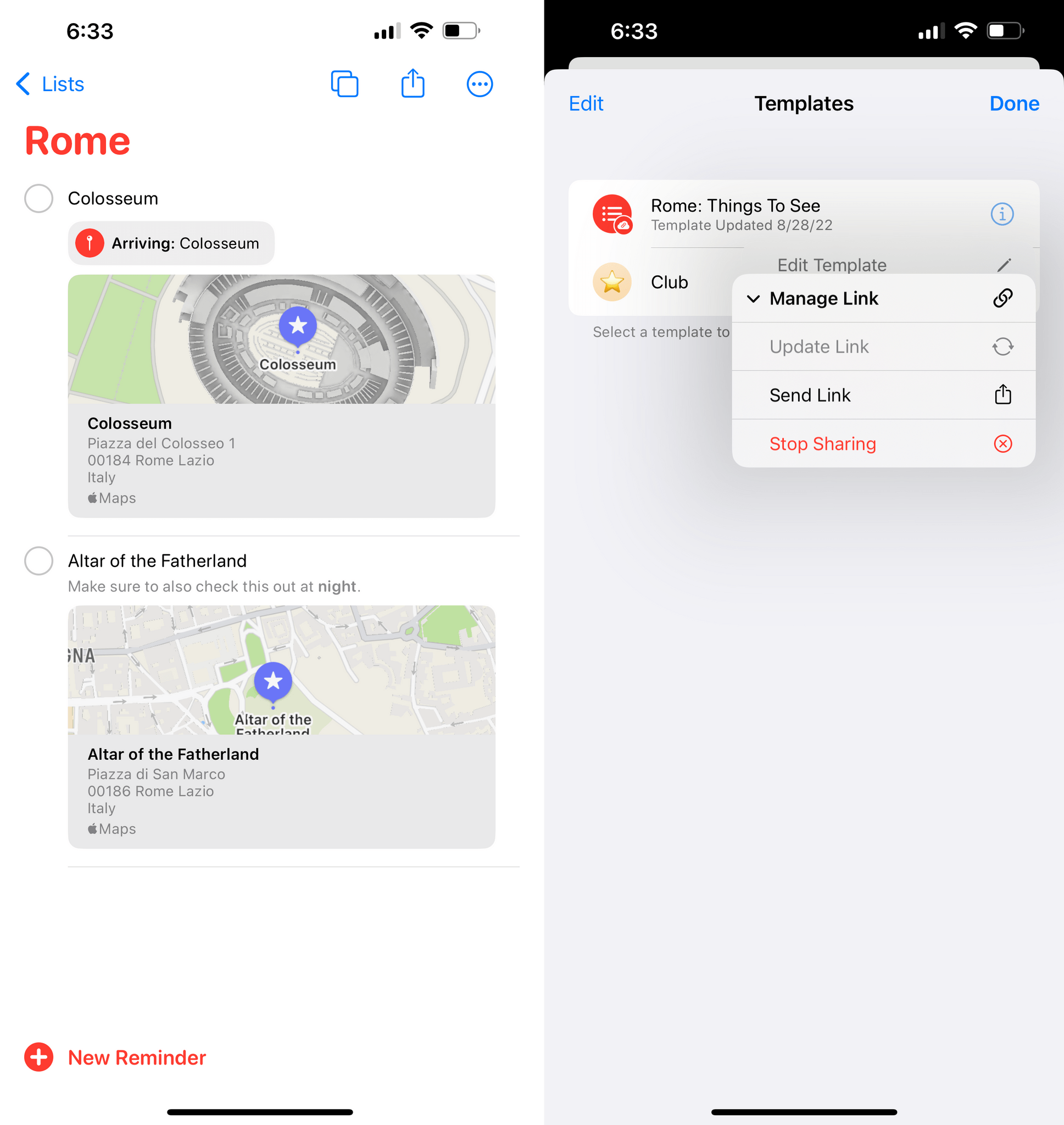 An example of a template for locations to check out in Rome.