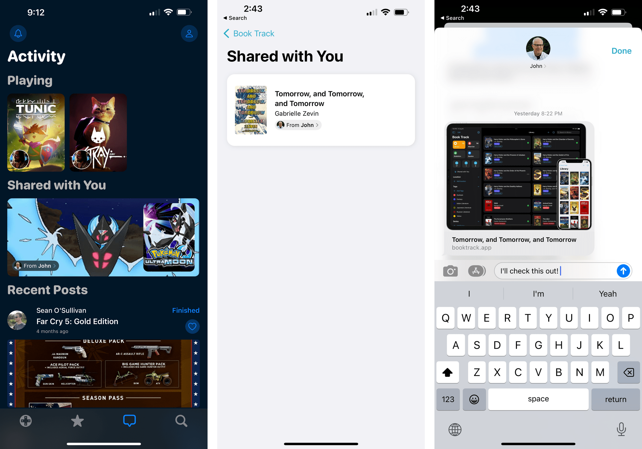 Shared with You shelves in GameTrack (left) and Book Track. When you reply to an item in Shared with You (right) the message will be a direct reply to the original one.