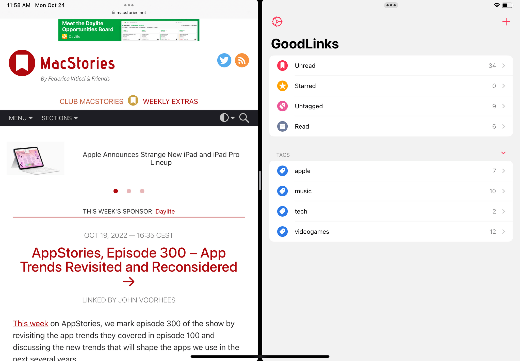Because the new iPad does not support display scaling, the same Split View cannot show a sidebar for GoodLinks on the right, and Safari (left) shows less text.