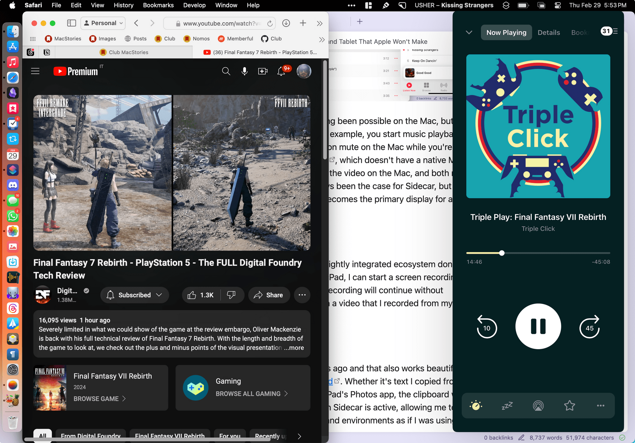 Watching a video on the Mac on mute while listening to a podcast via Pocket Casts for iPadOS.