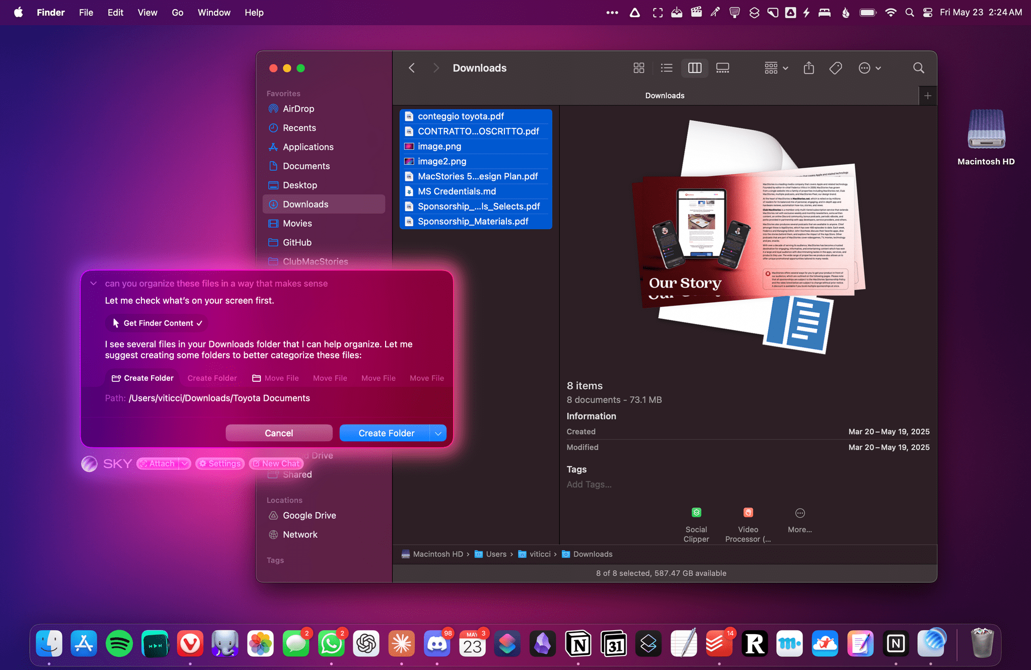 Using Sky to make sense of a messy Downloads folder. As you can see, multiple actions performed by Sky are displayed as horizontal tabs.