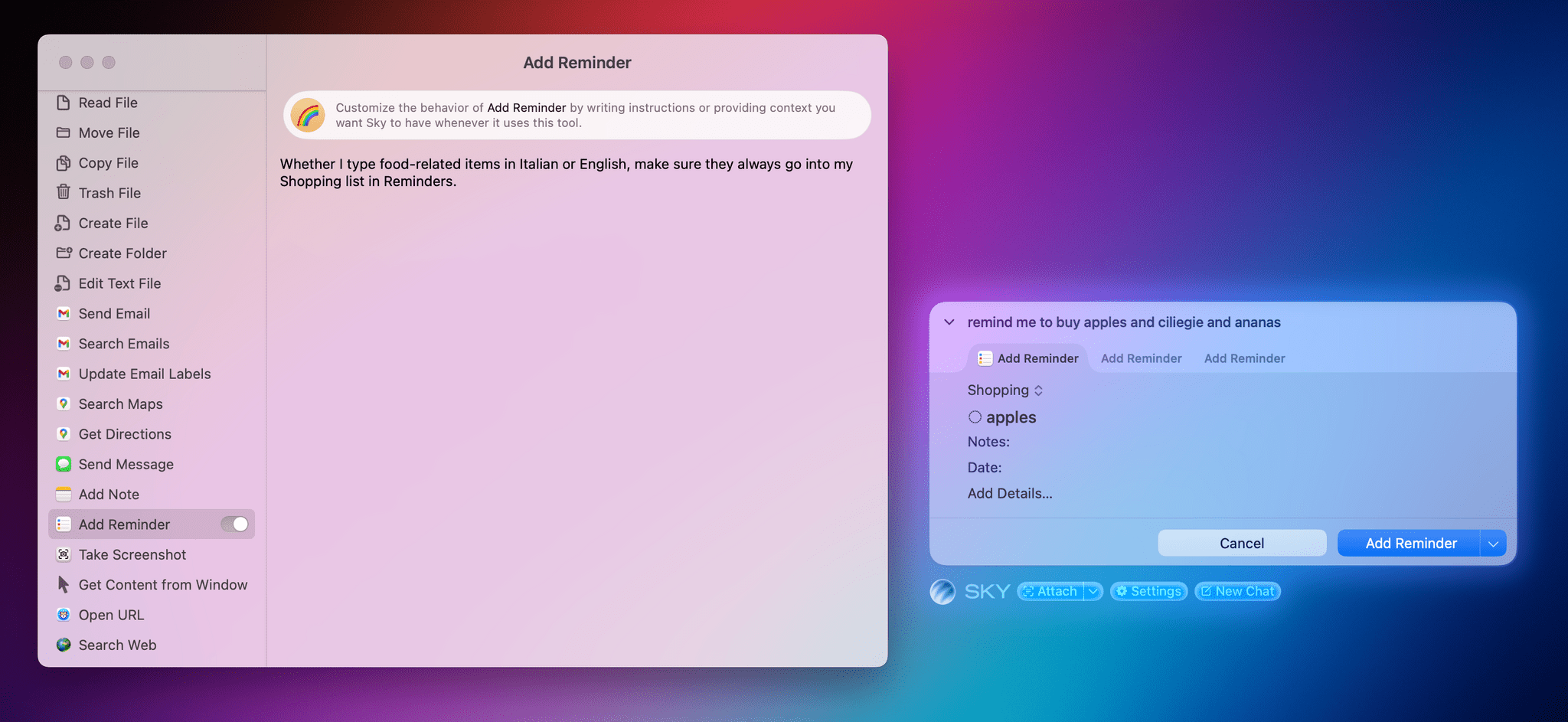 I customized the Reminders tool to categorize food items into my Shopping list regardless of the language I use. This kind of easy, semantic personalization is impossible with traditional automation.