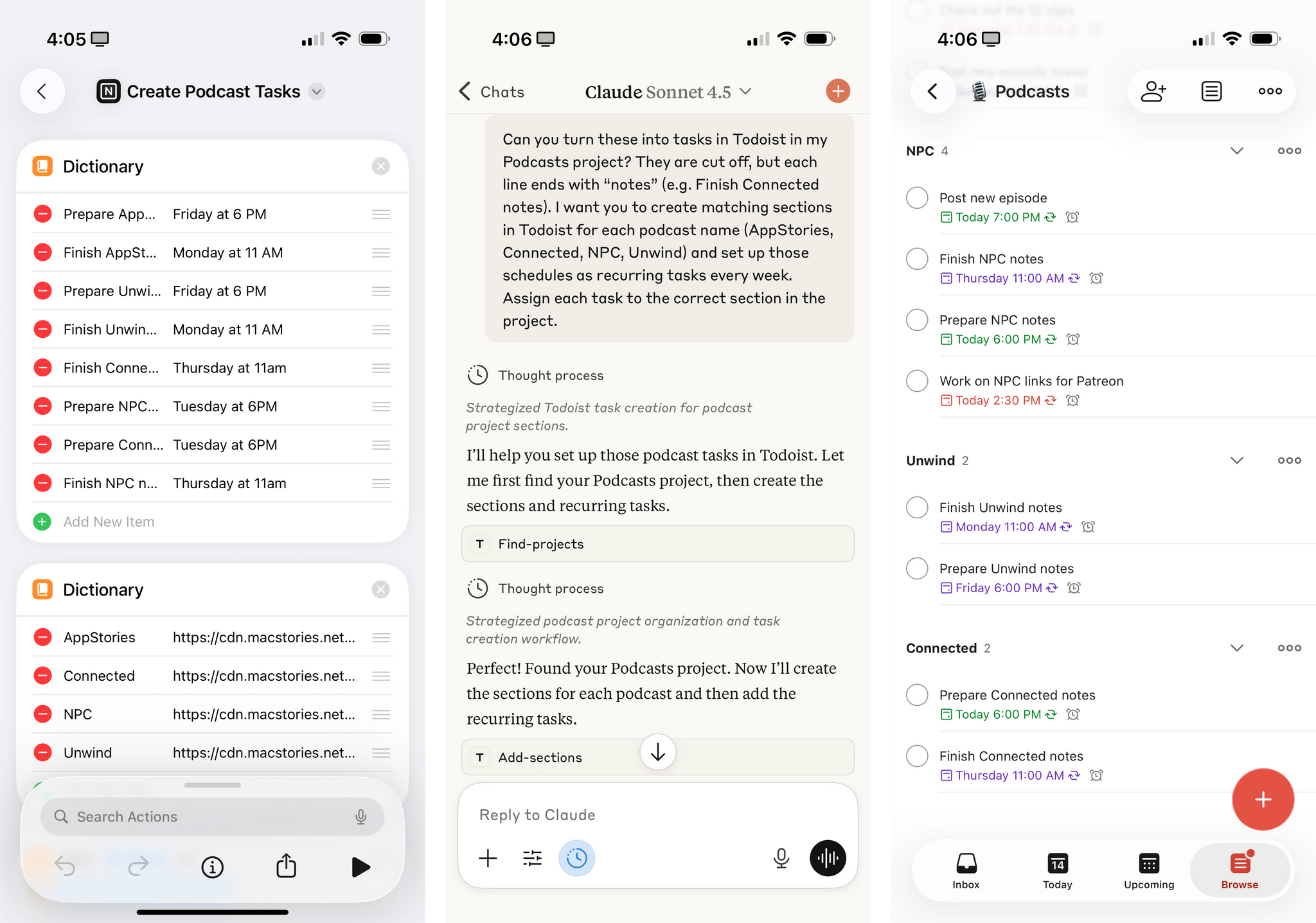 Migrating the screenshot of a shortcut as tasks to Todoist.