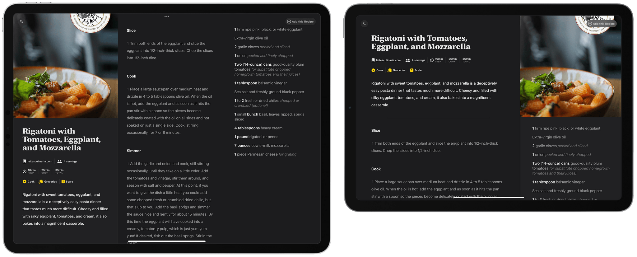 Two takes on the same recipe tailored to the size of two different iPads.