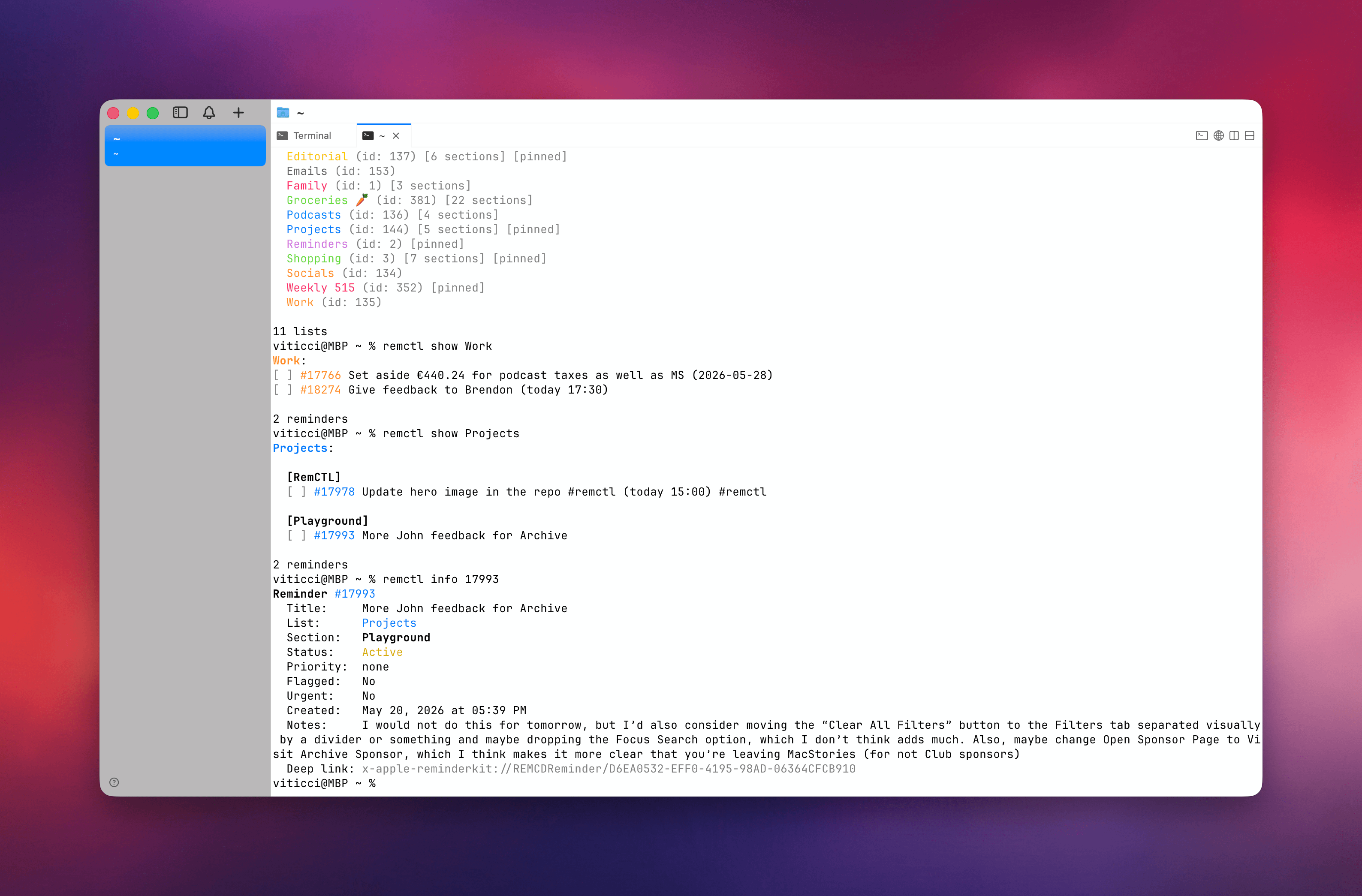 A variety of RemCTL commands in cmux for Mac.