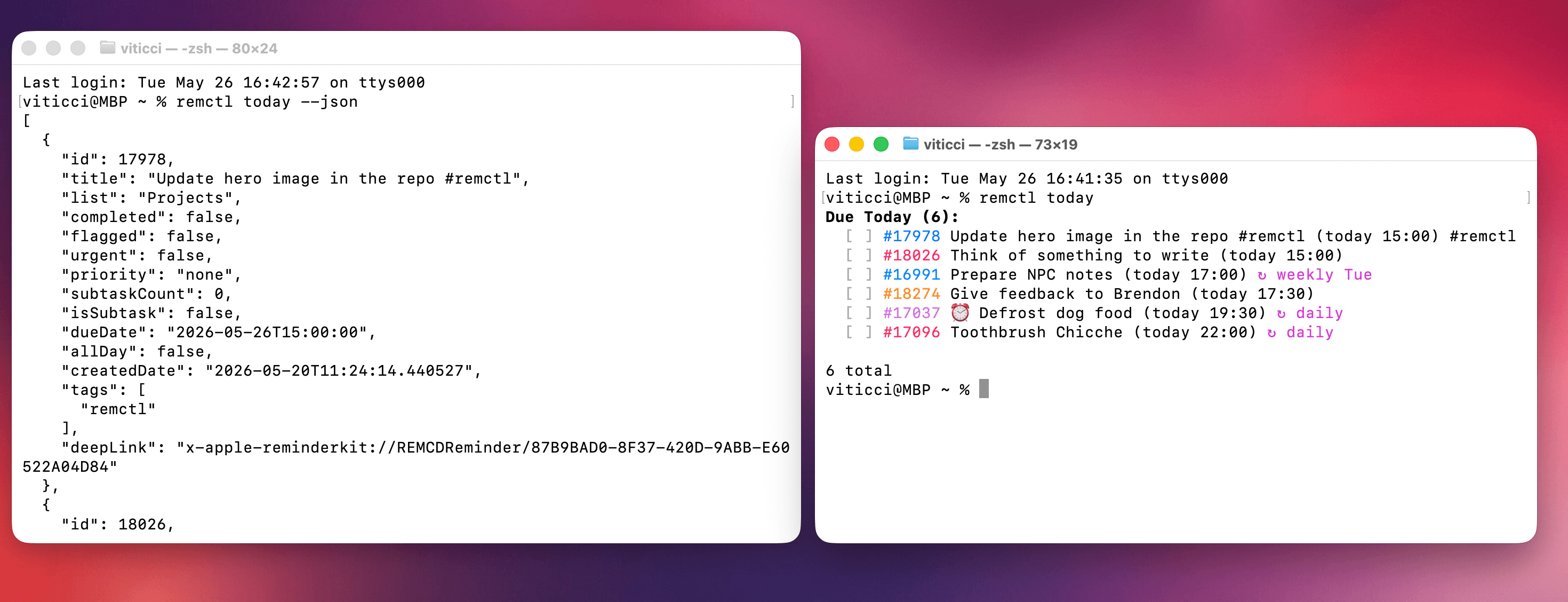 The same command, but one is optimized for agents (left), the other for people (right). Notice how the reminder IDs carry the color of the list they belong to. The clock emoji is for urgent reminders.