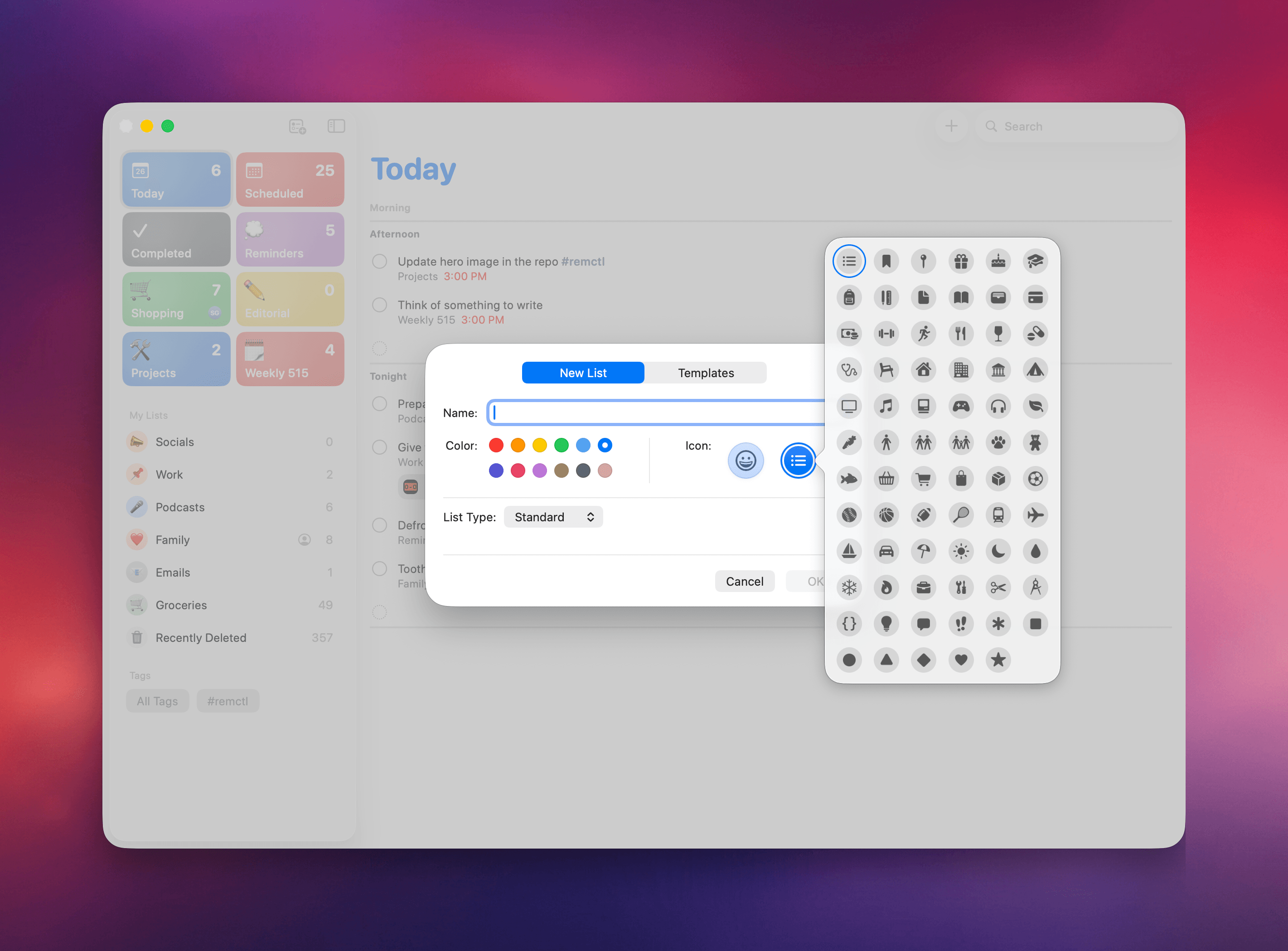 Creating a list in the Reminders app.