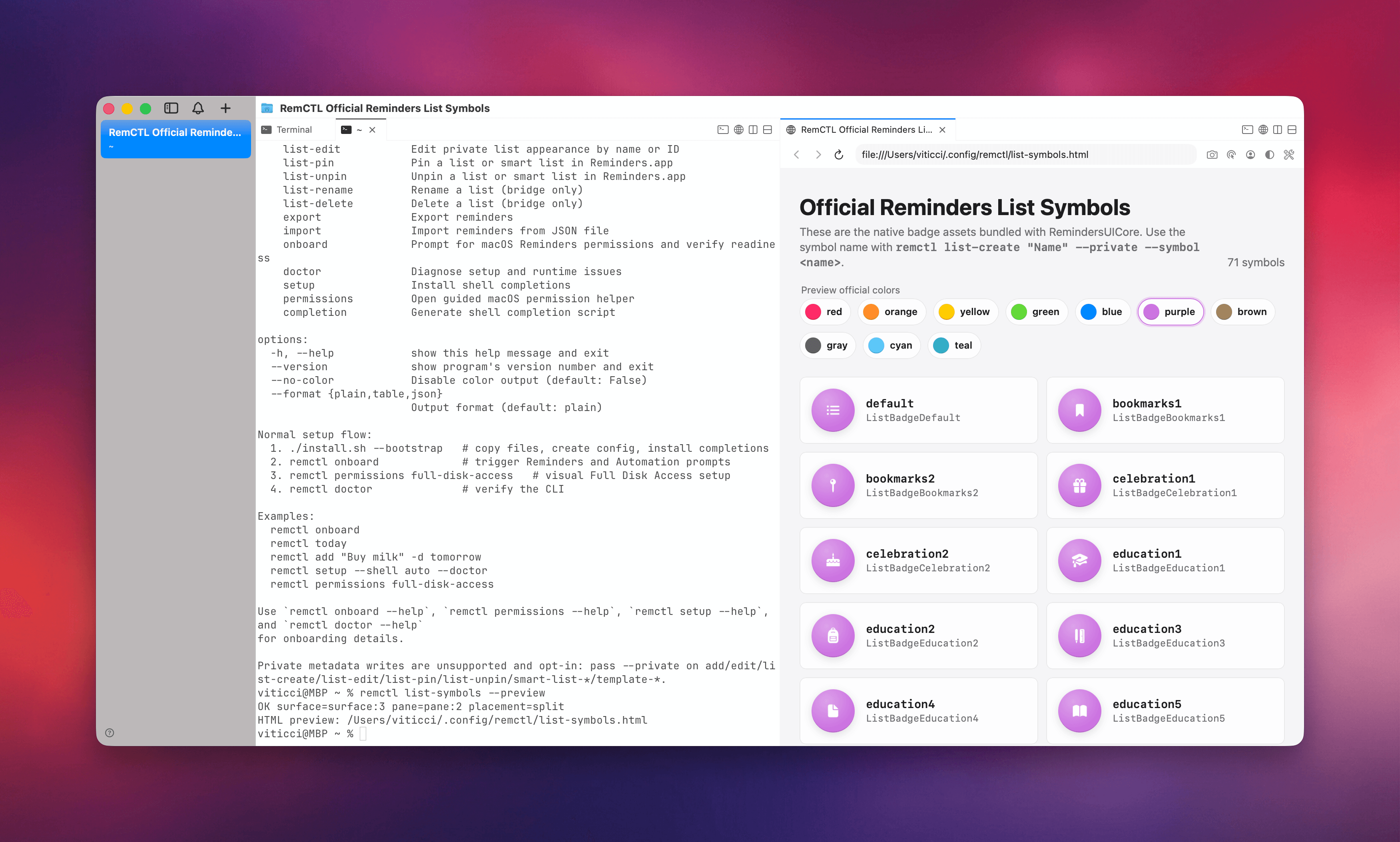 Previewing the symbols and colors supported by Reminders via RemCTL in cmux.