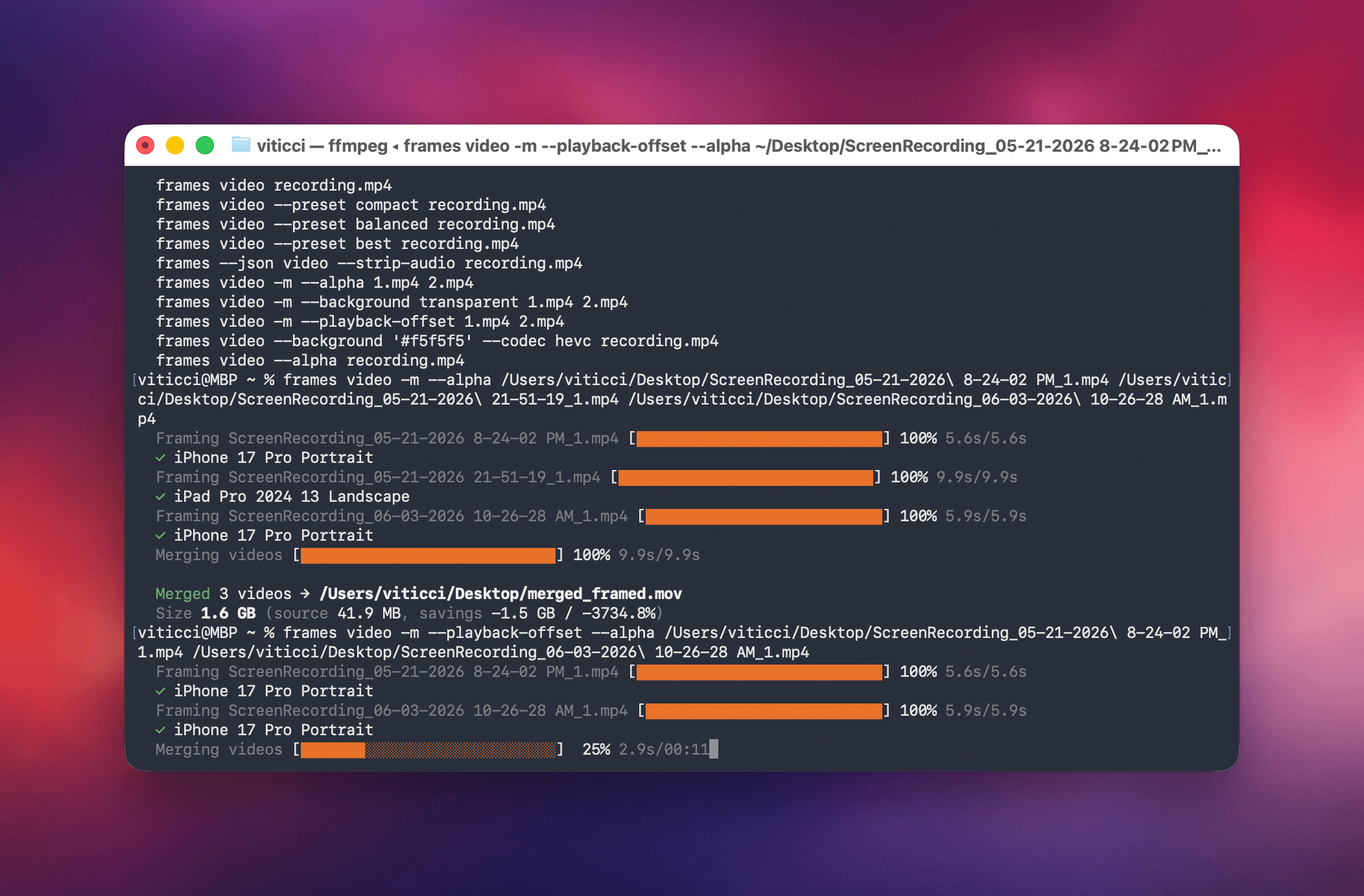 Apple Frames CLI, now with fancy progress bars for video framing.