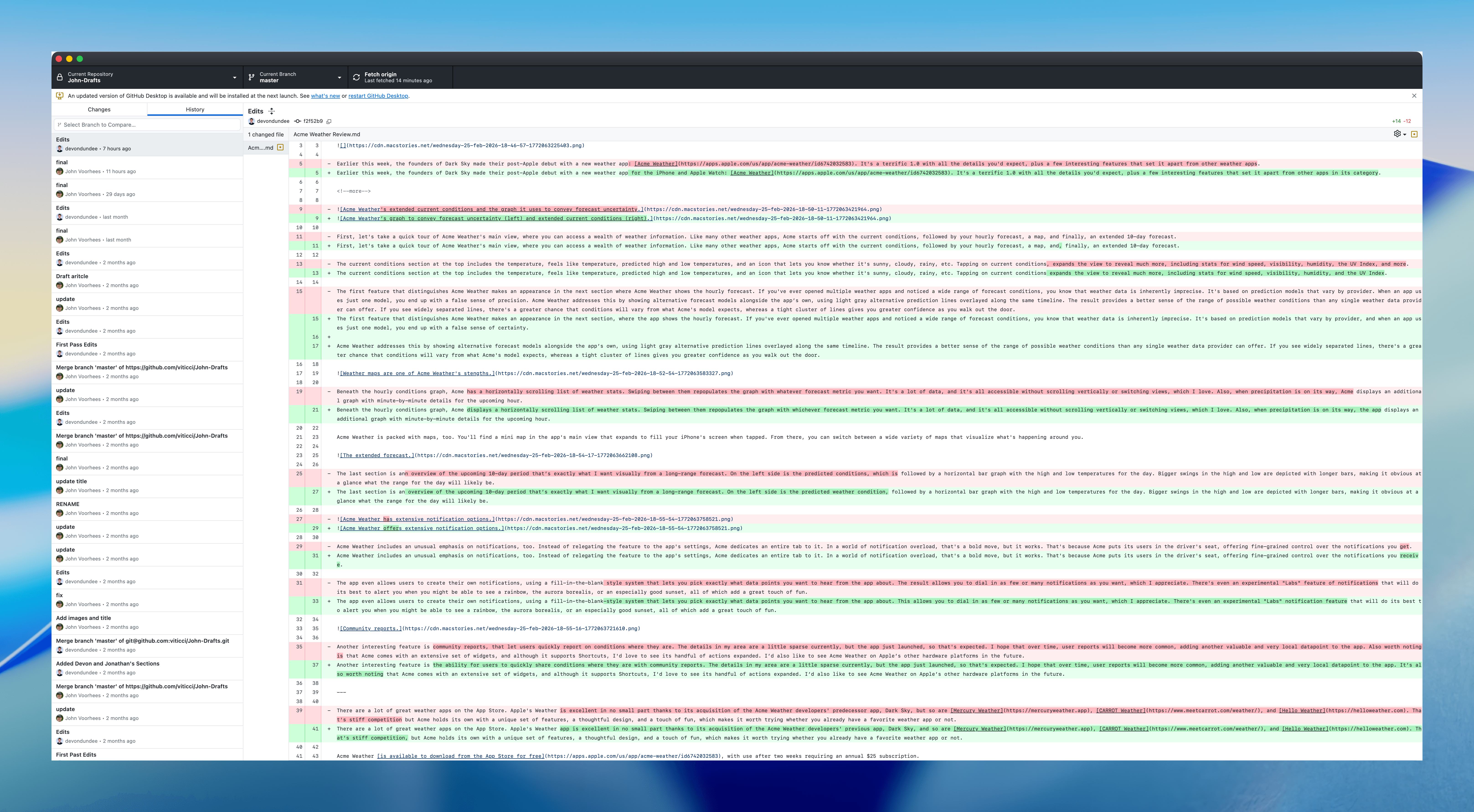 This is what it's like trying to track changes in GitHub Desktop.