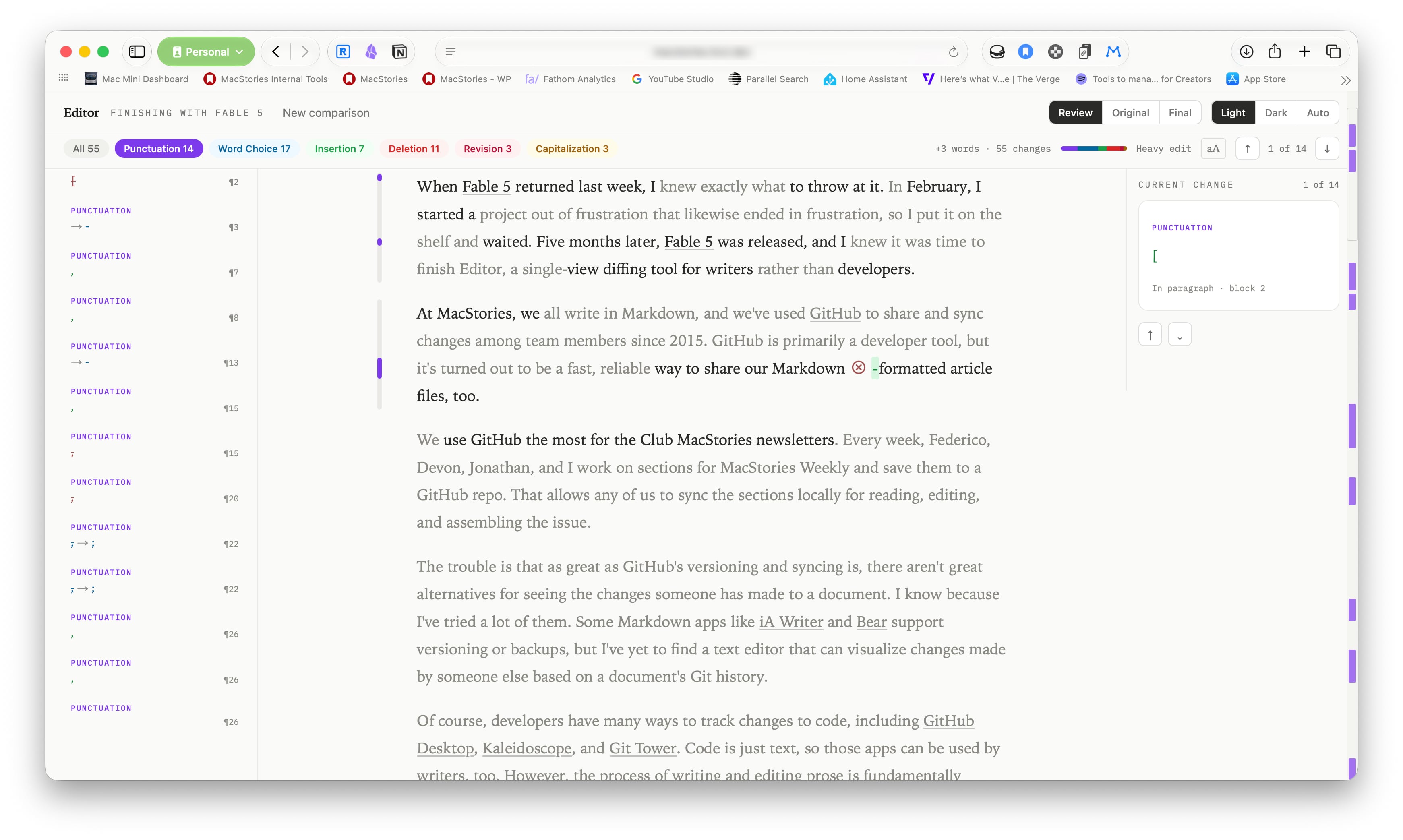 Editor makes it easy to see small changes like punctuation with filters.