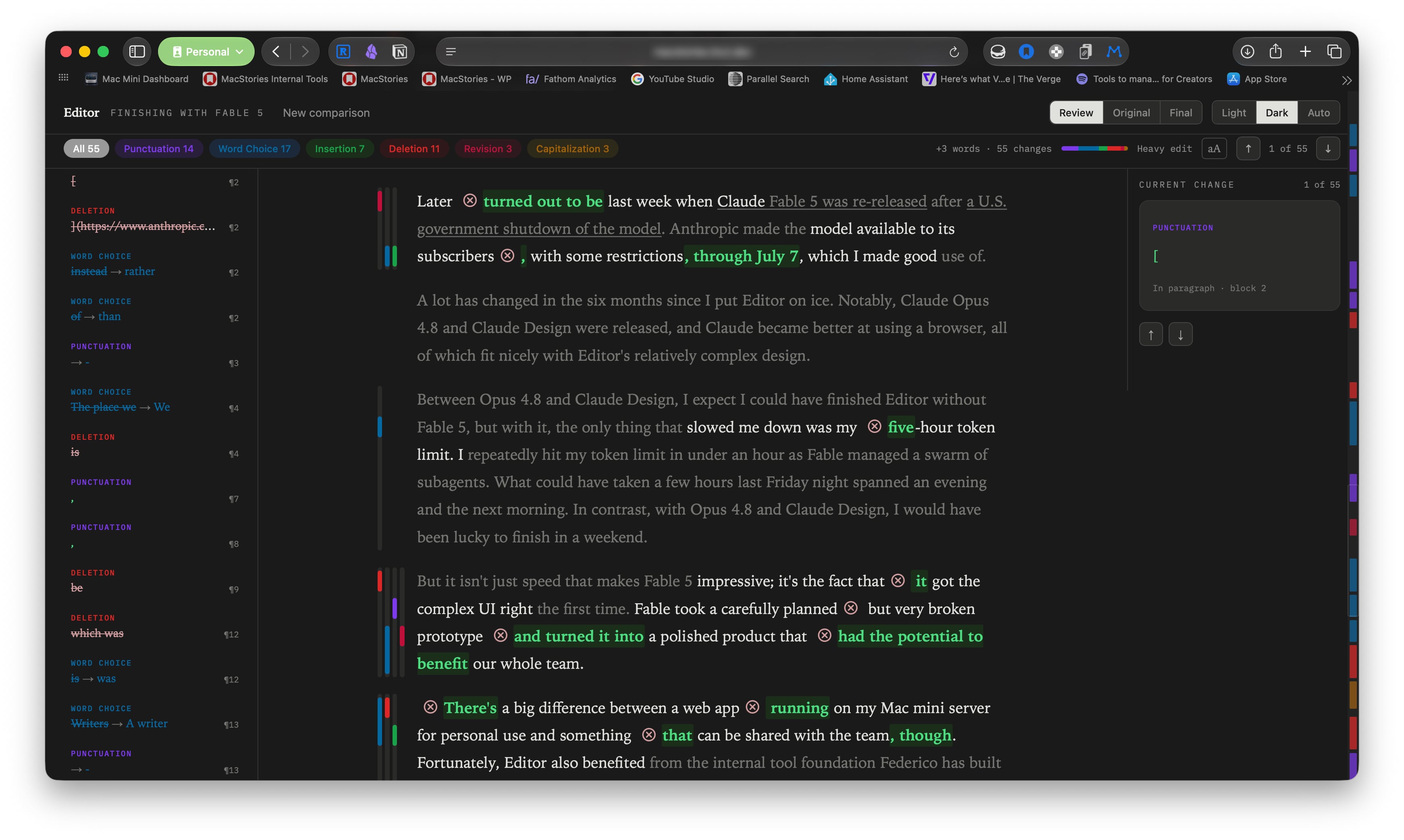 Dark mode does a particularly nice job of highlighting changes.