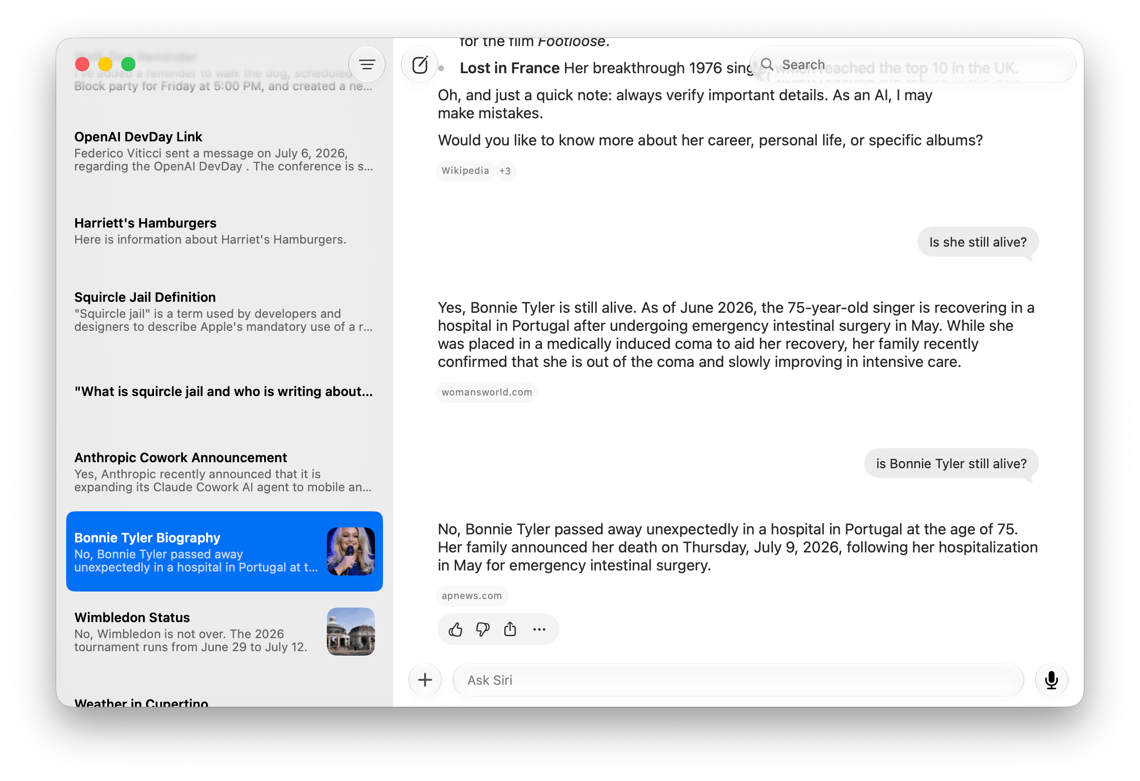 Current events and sports show up quickly in Siri, but that's not true for all web-based queries.