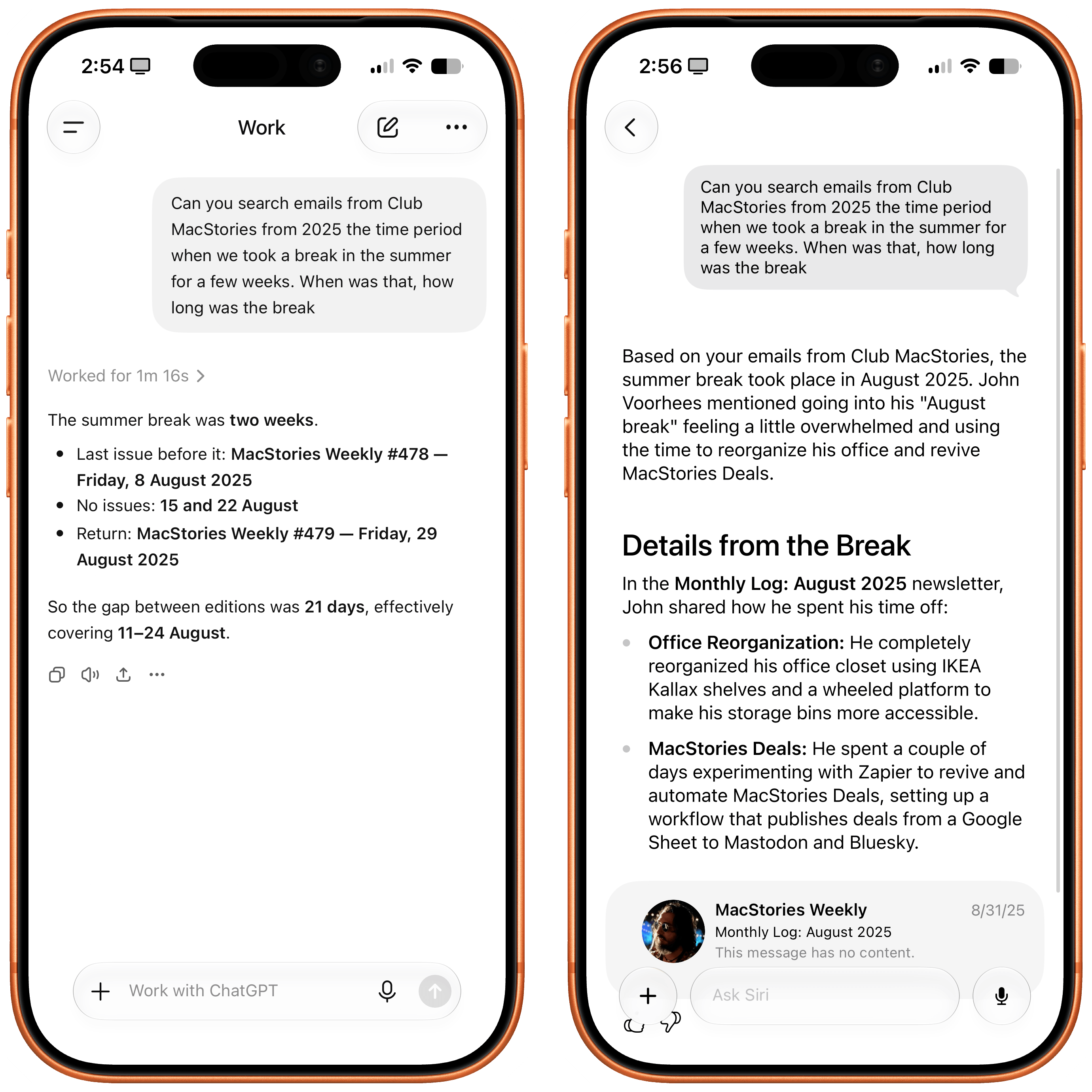 Left: ChatGPT Work. Right: Siri AI.