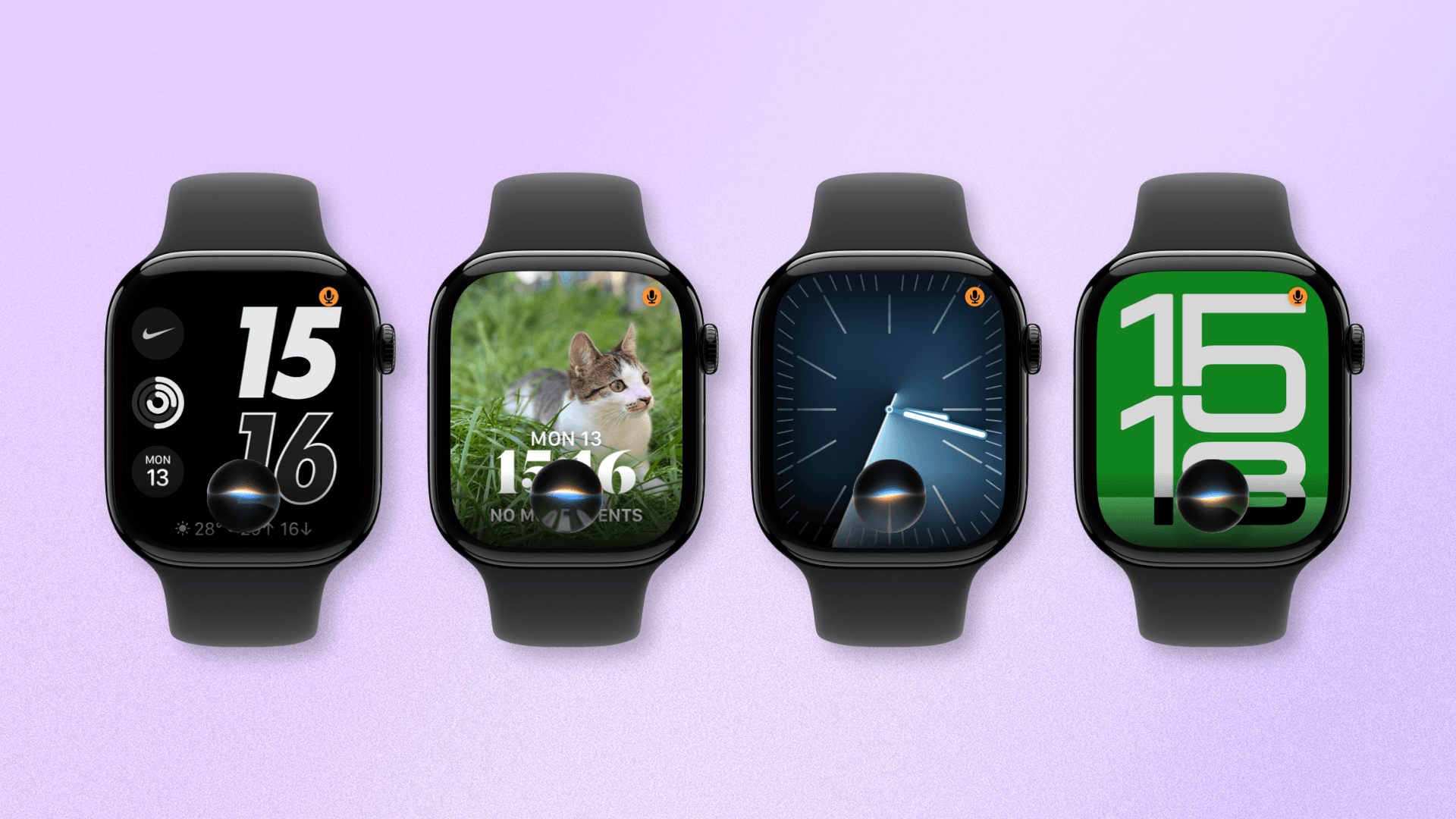The new Siri UI over various watch faces.